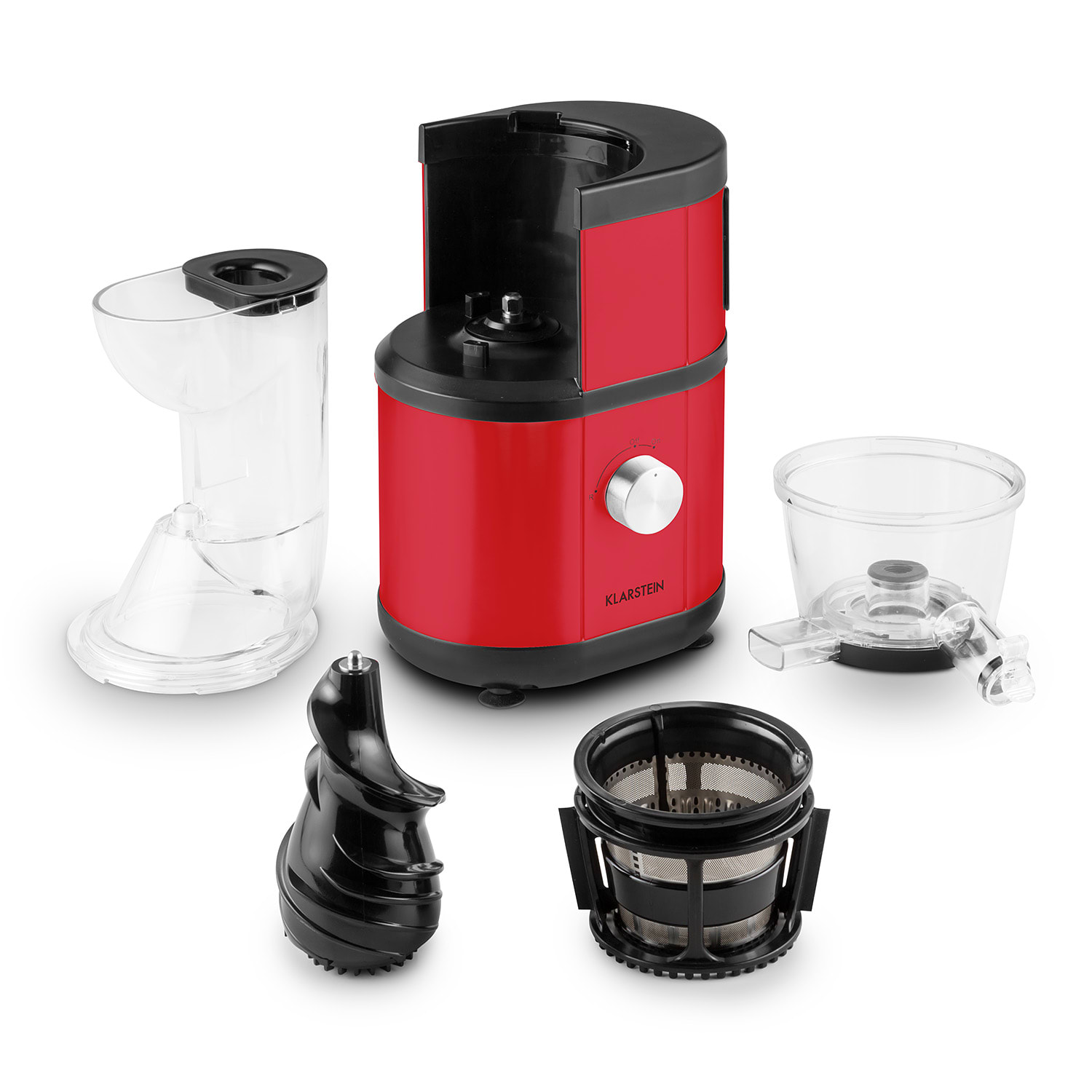Klarstein Fruitberry, piros, lassú gyümölcsprés, 400 W, 60 fordulat/perc, Ø 8,5 cm-es töltőcső, nemesacél Piros