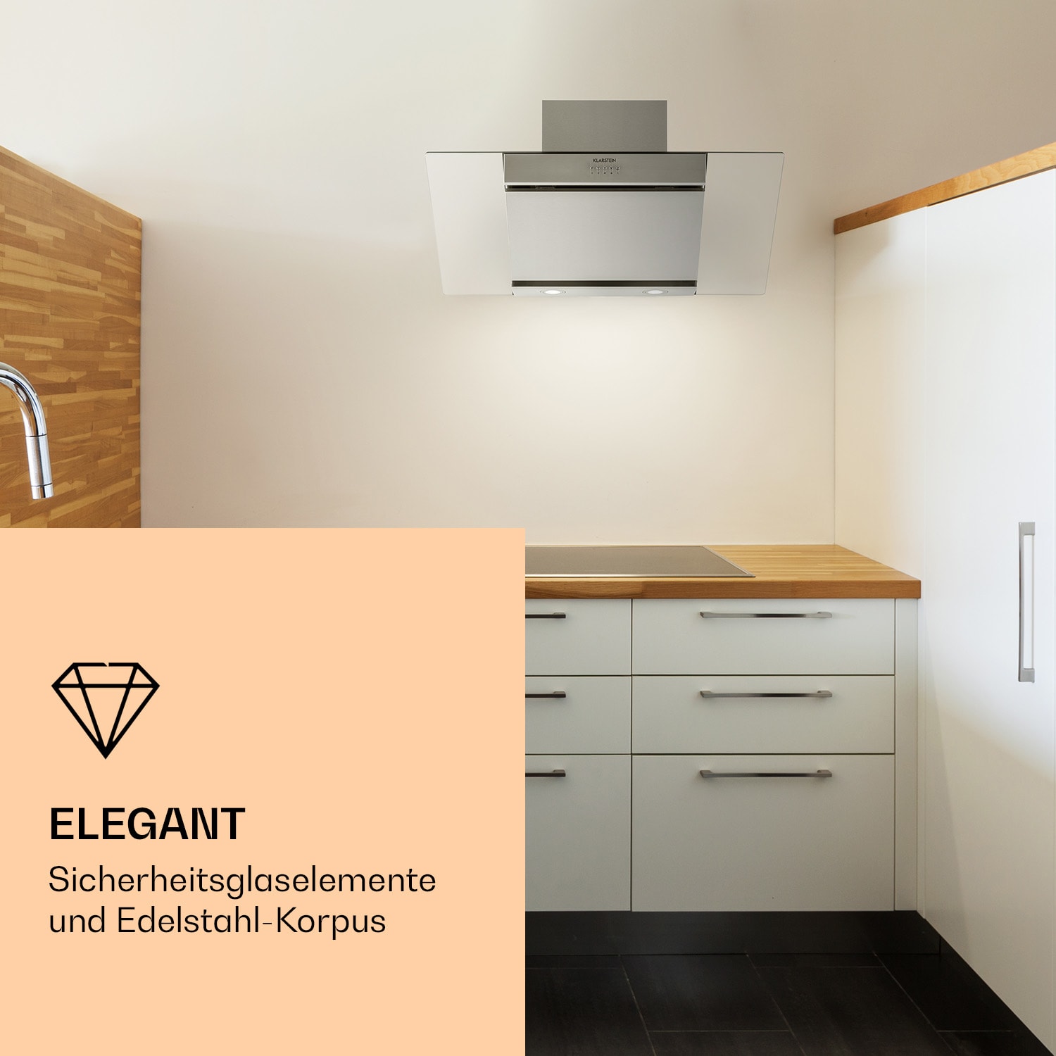 Klarstein Zola 90 Dunstabzugshaube 210 W 607m³/h Kamin 304er Edelstahl 90 cm | Silber-Metallic