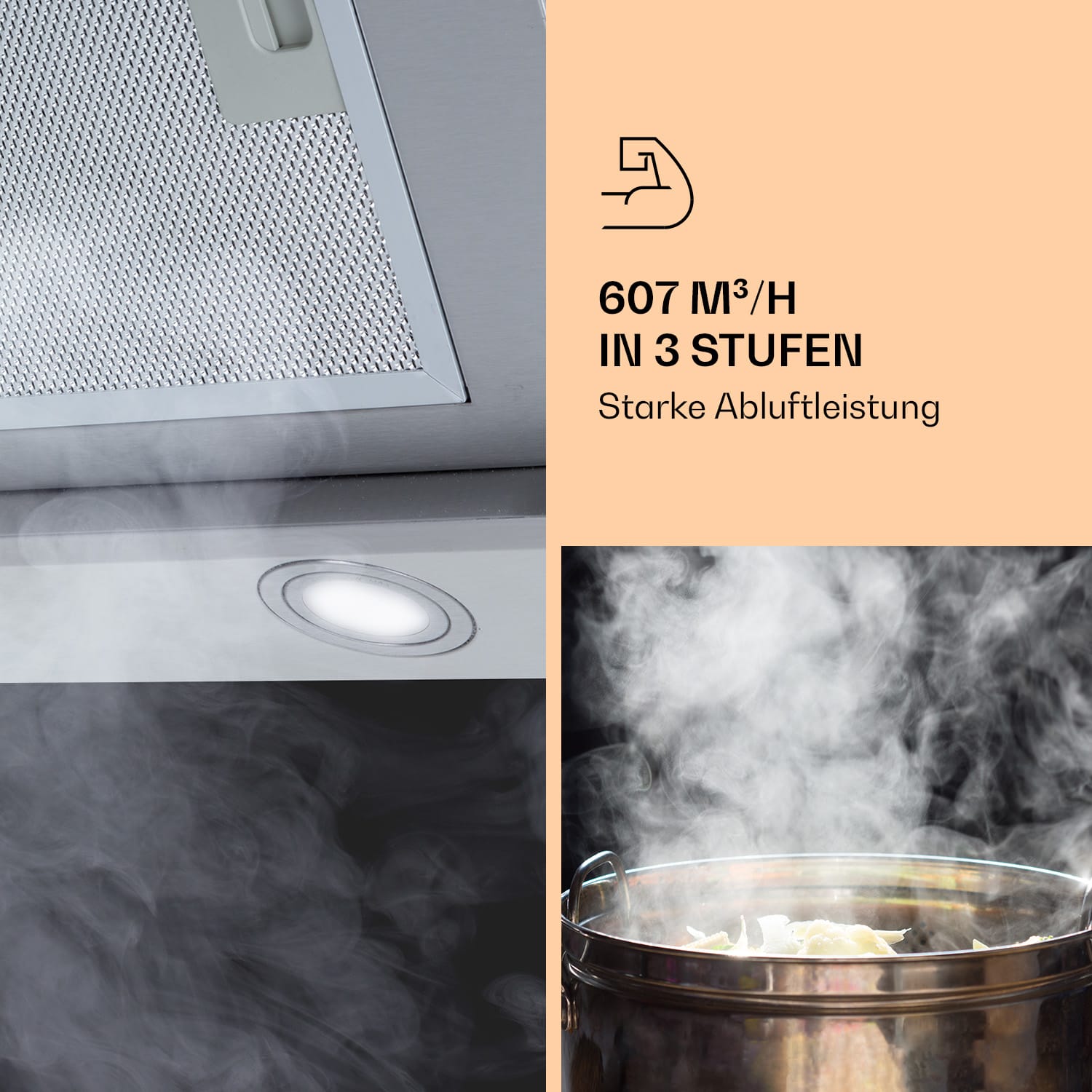 Klarstein Zola 90 Dunstabzugshaube 210 W 607m³/h Kamin 304er Edelstahl 90 cm | Silber-Metallic