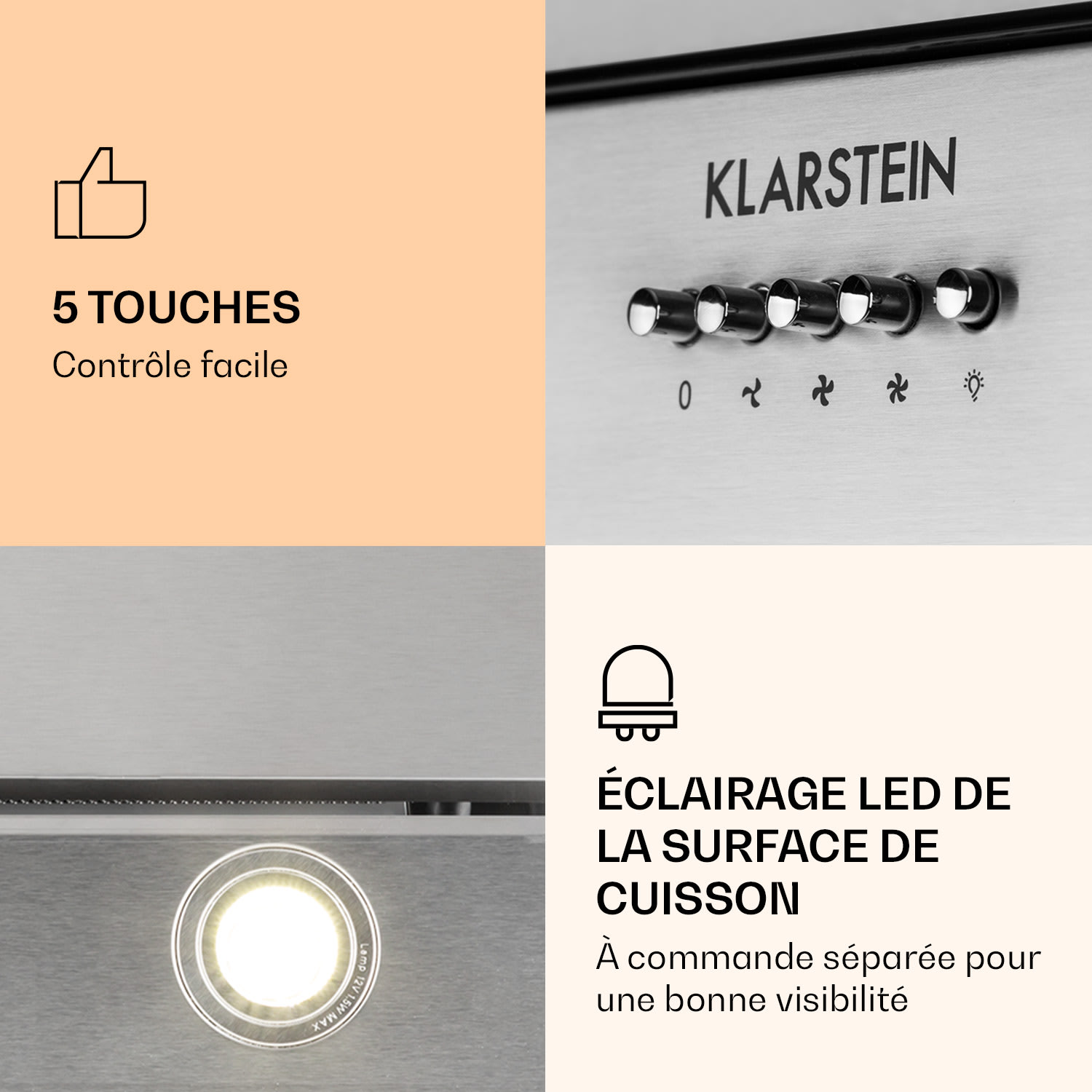Klarstein Zola 90 Hotte de cuisine 210 W 607m³/h Cheminée 2 parties Acier inoxydable 304 90 cm | Argent Métallisé