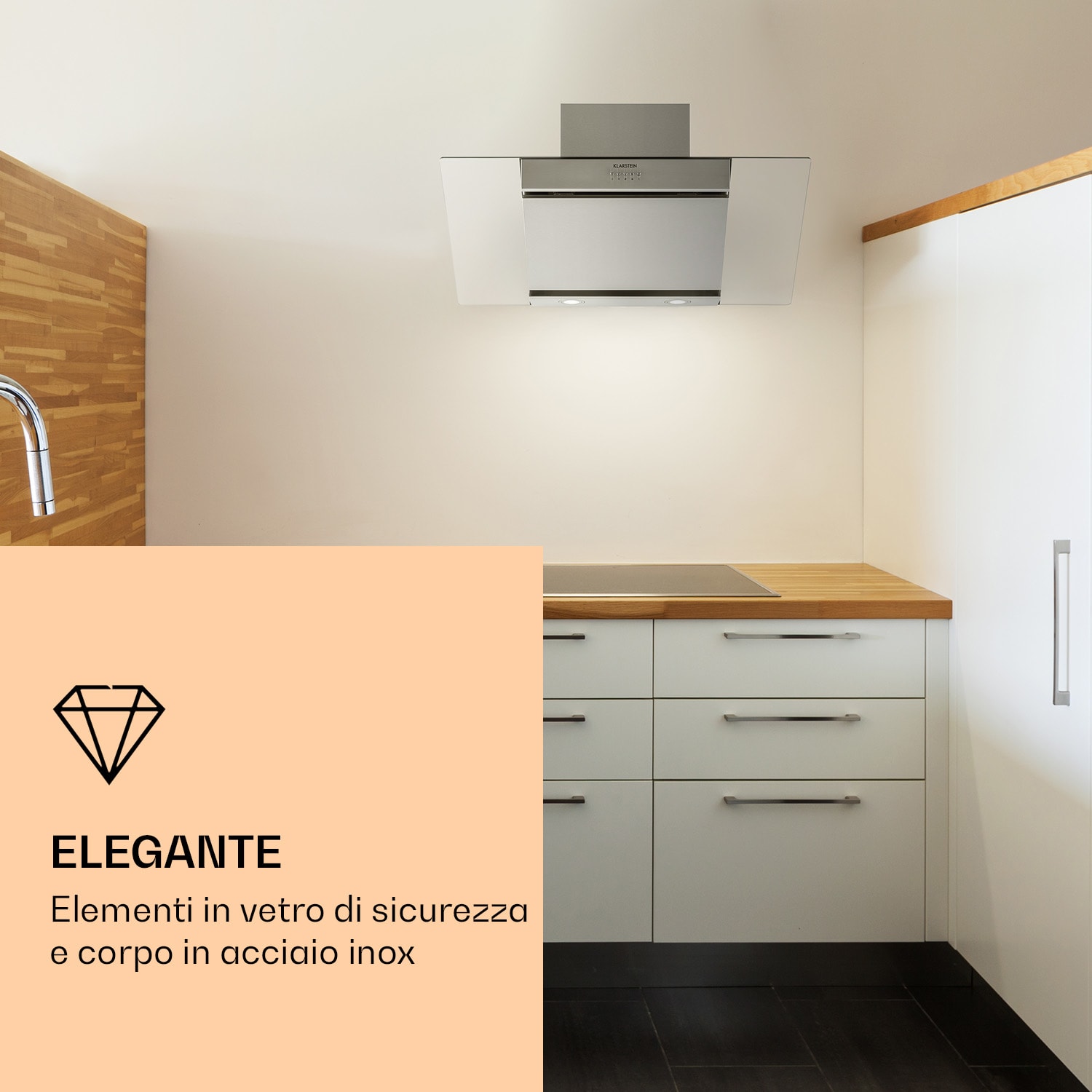 Klarstein Zola 90 - Cappa aspirante, 210 W, 607 m³/h, canna in 2 pezzi, acciaio inox 304 90 cm | Argento metallizzato