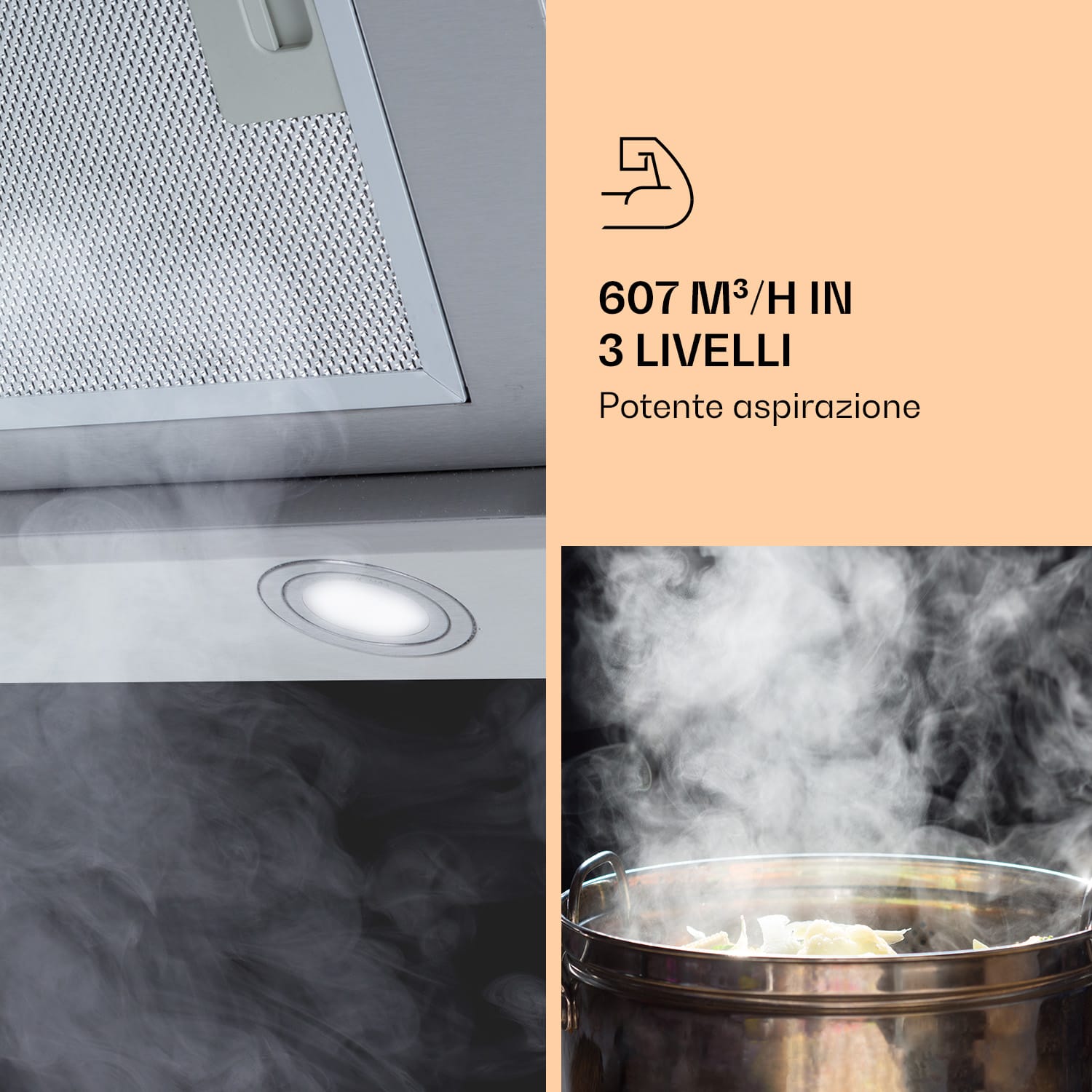Klarstein Zola 90 - Cappa aspirante, 210 W, 607 m³/h, canna in 2 pezzi, acciaio inox 304 90 cm | Argento metallizzato