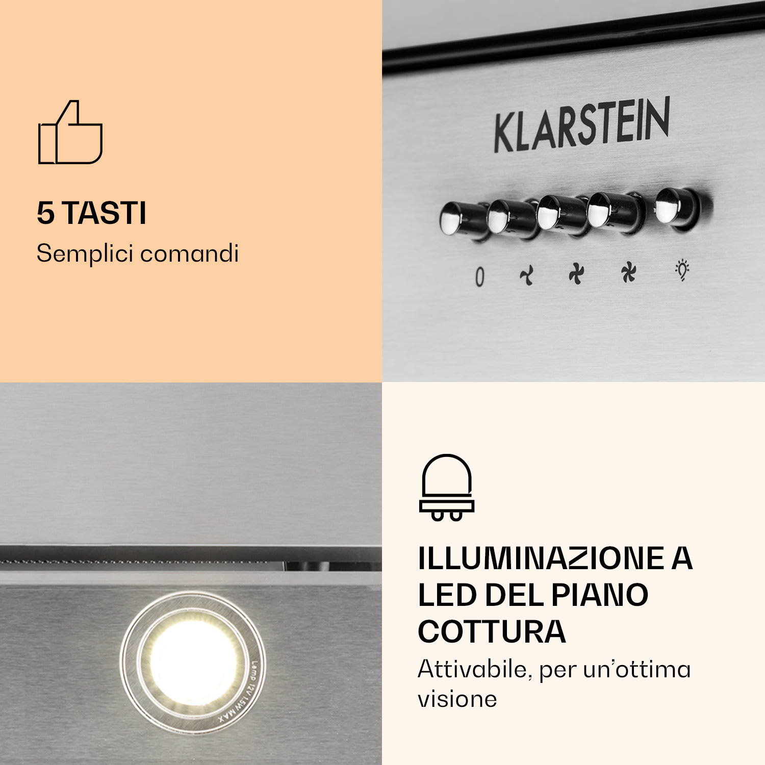 Klarstein Zola 90 - Cappa aspirante, 210 W, 607 m³/h, canna in 2 pezzi, acciaio inox 304 90 cm | Argento metallizzato