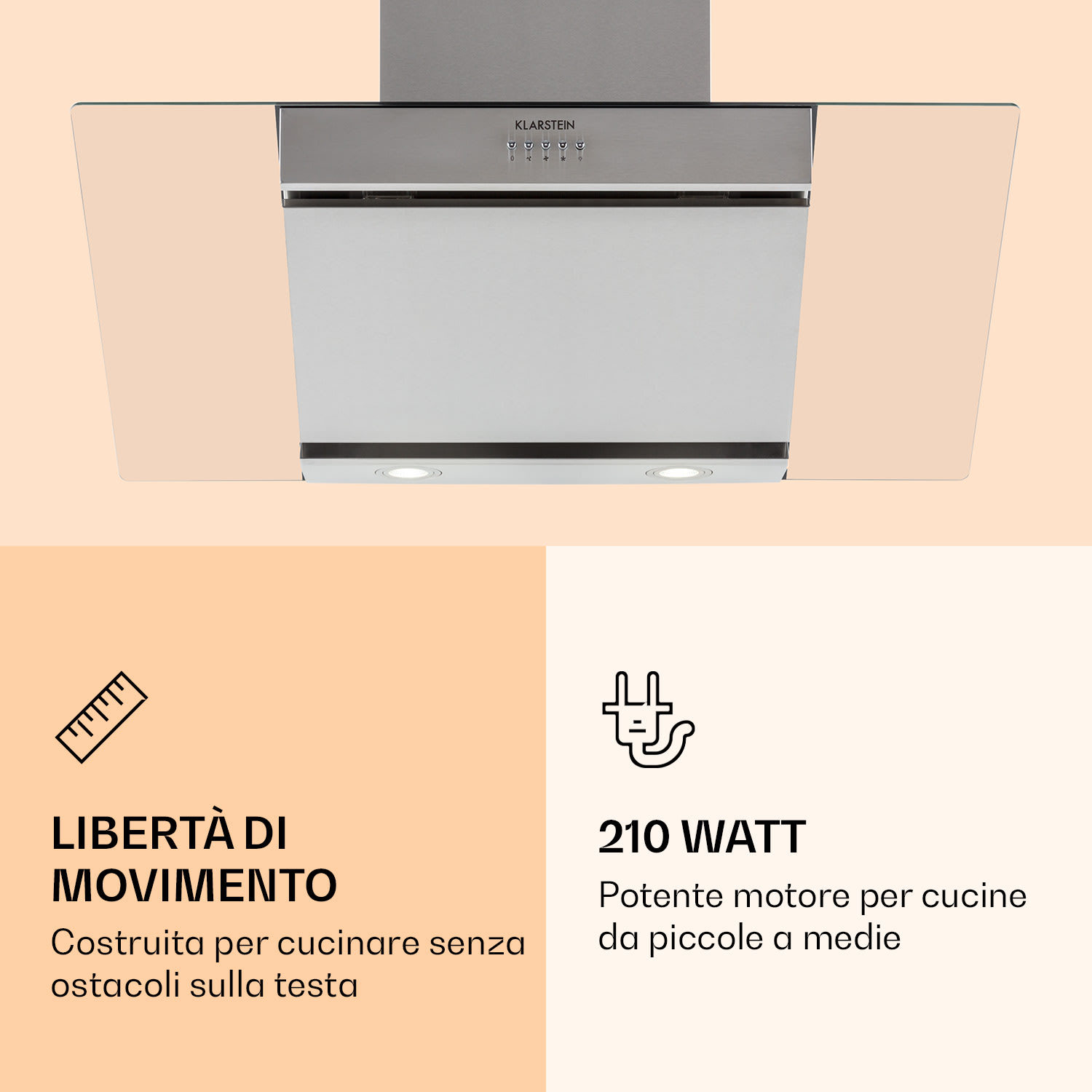 Klarstein Zola 90 - Cappa aspirante, 210 W, 607 m³/h, canna in 2 pezzi, acciaio inox 304 90 cm | Argento metallizzato