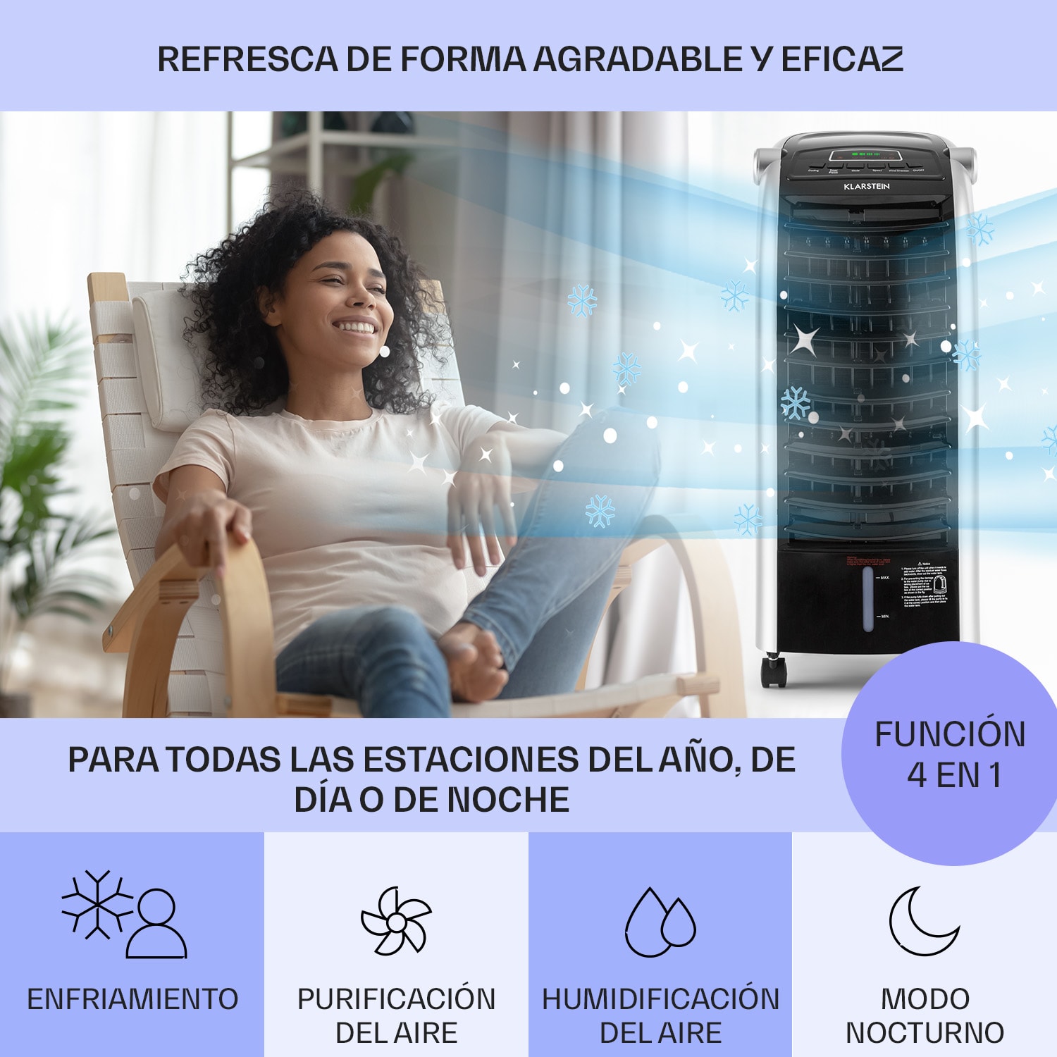 Maxfresh ventilador enfriador de aire humidificador 4 en 1 función oscilación depósito de agua 6L 65 W función temporizador 444 m³/h | No | Negro