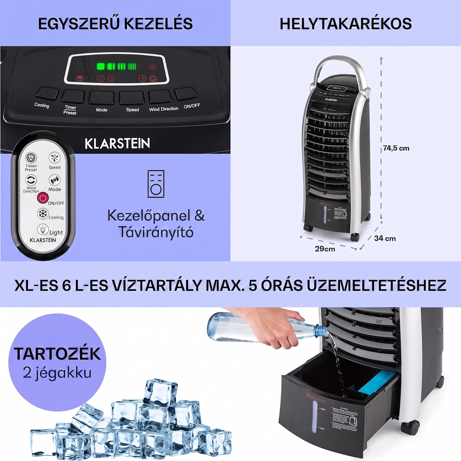 Maxfresh, ventilátor, léghűtő, 4 v 1, 6L, 65W, távirányító, 2 x jégcsomag 444 m³/h | Nem | Fekete