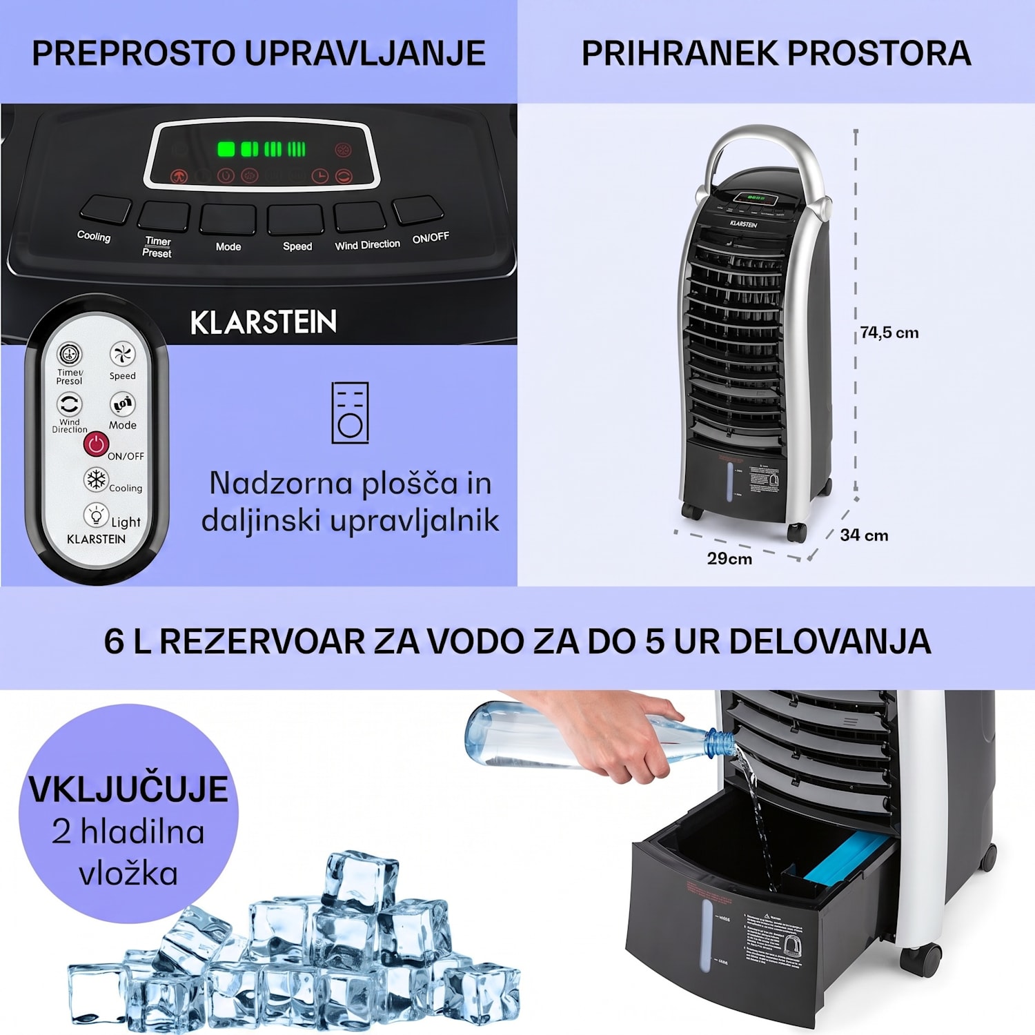 Maxfresh, Hladilec zraka, ventilator, 4 v 1, 6 l, 65 W, daljinski upravljalnik, 2 x hladilni komplet 444 m³/h | Ne | Črna