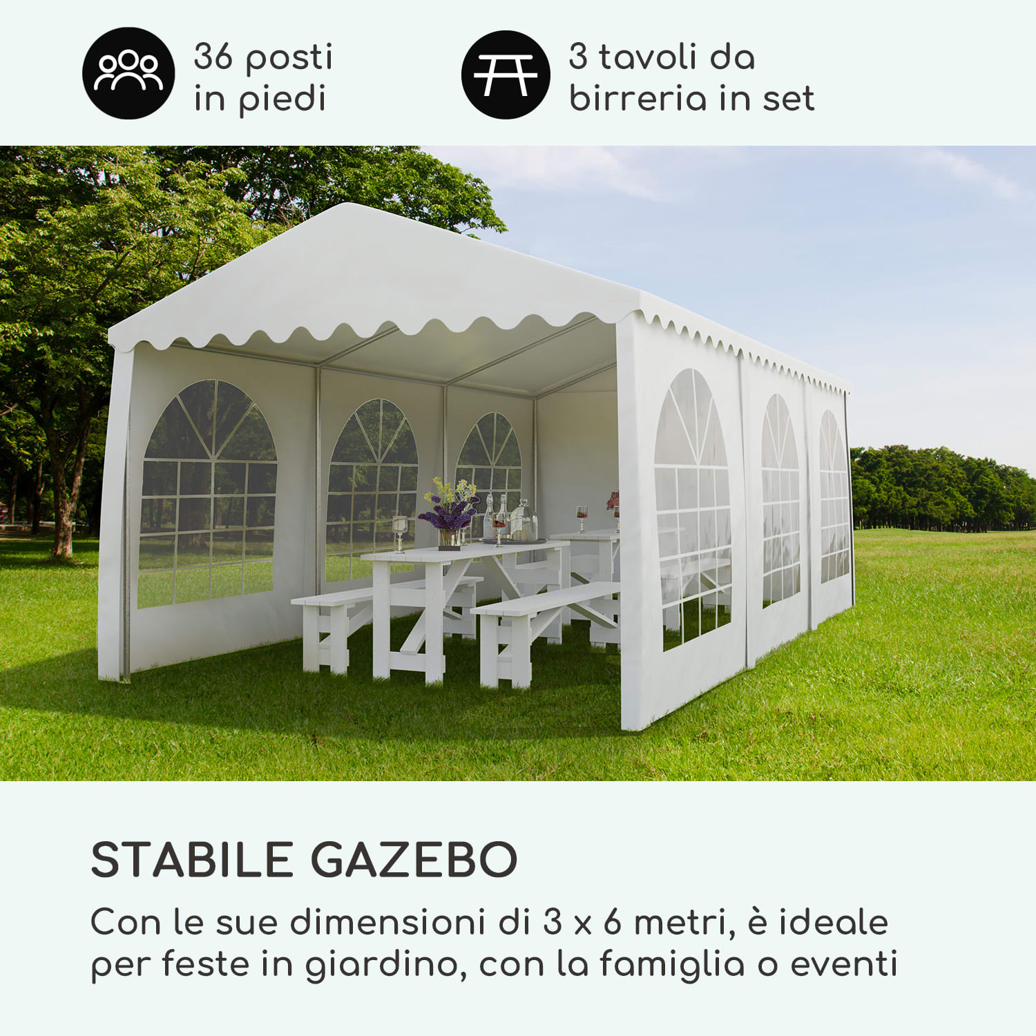 Sommerfest 3x6m 500 g/m² Tendone da Festa PVC Impermeabile Bianco 3 x 6 m/zincato/bianco