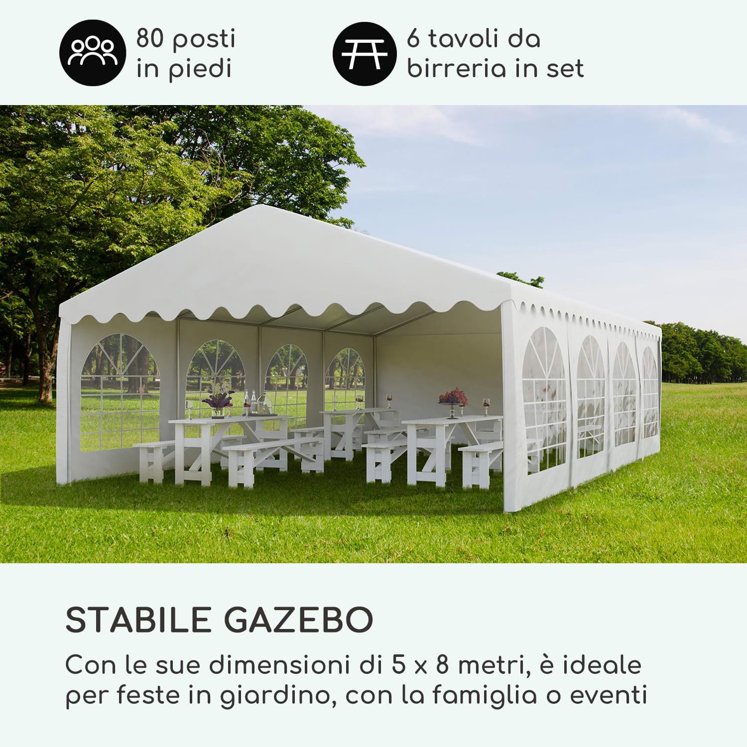 Sommerfest 5x8m 500 g/m² Tendone da Festa Gazebo da Festa PVCImpermeabile Zincato 5 x 8 m/zincato/bianco