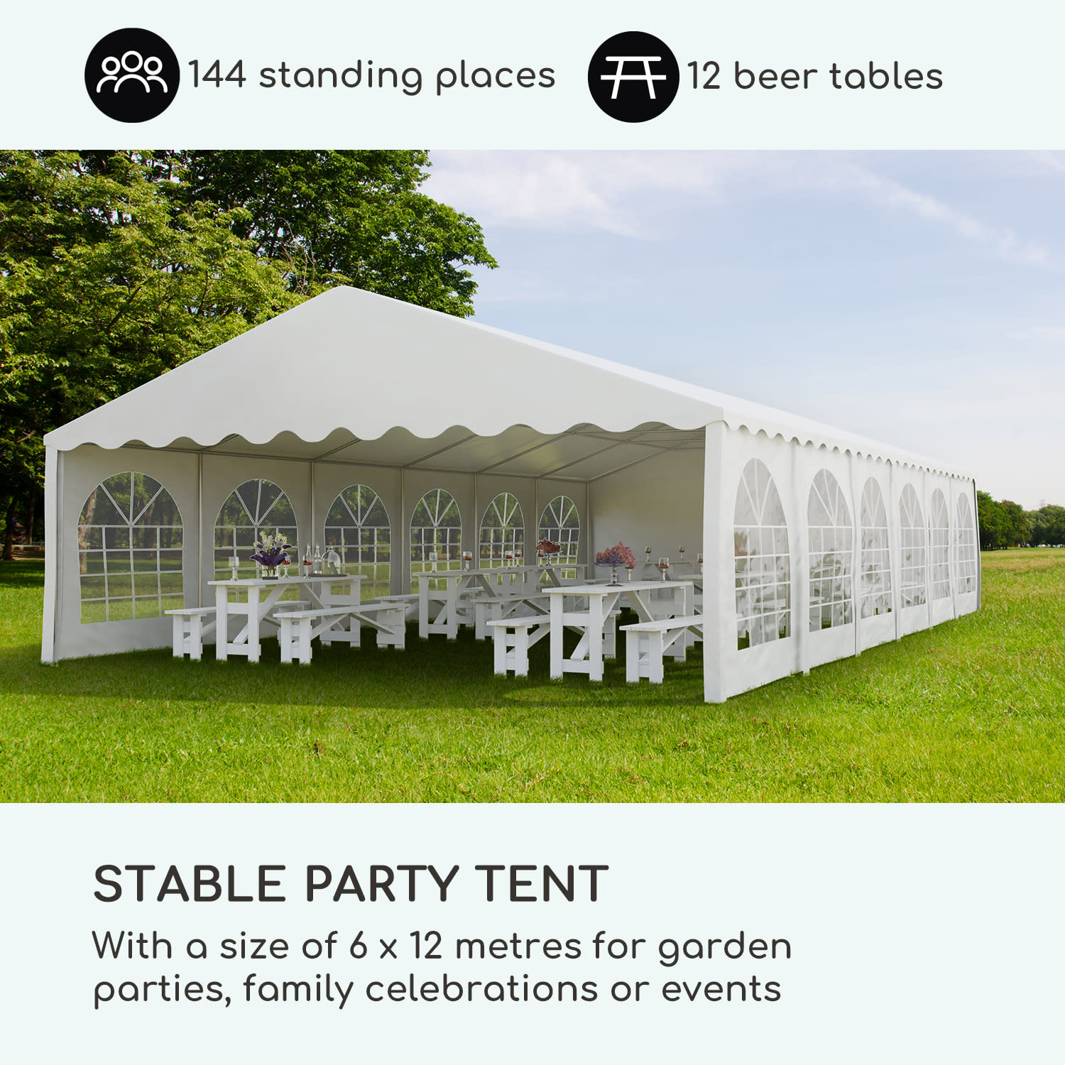 Sommerfest 6 x 12 m 500 g/m² juhlateltta PVC vaikeasti syttyvä, valkoi 6 x 12 m/tulenkestävä/valkoinen