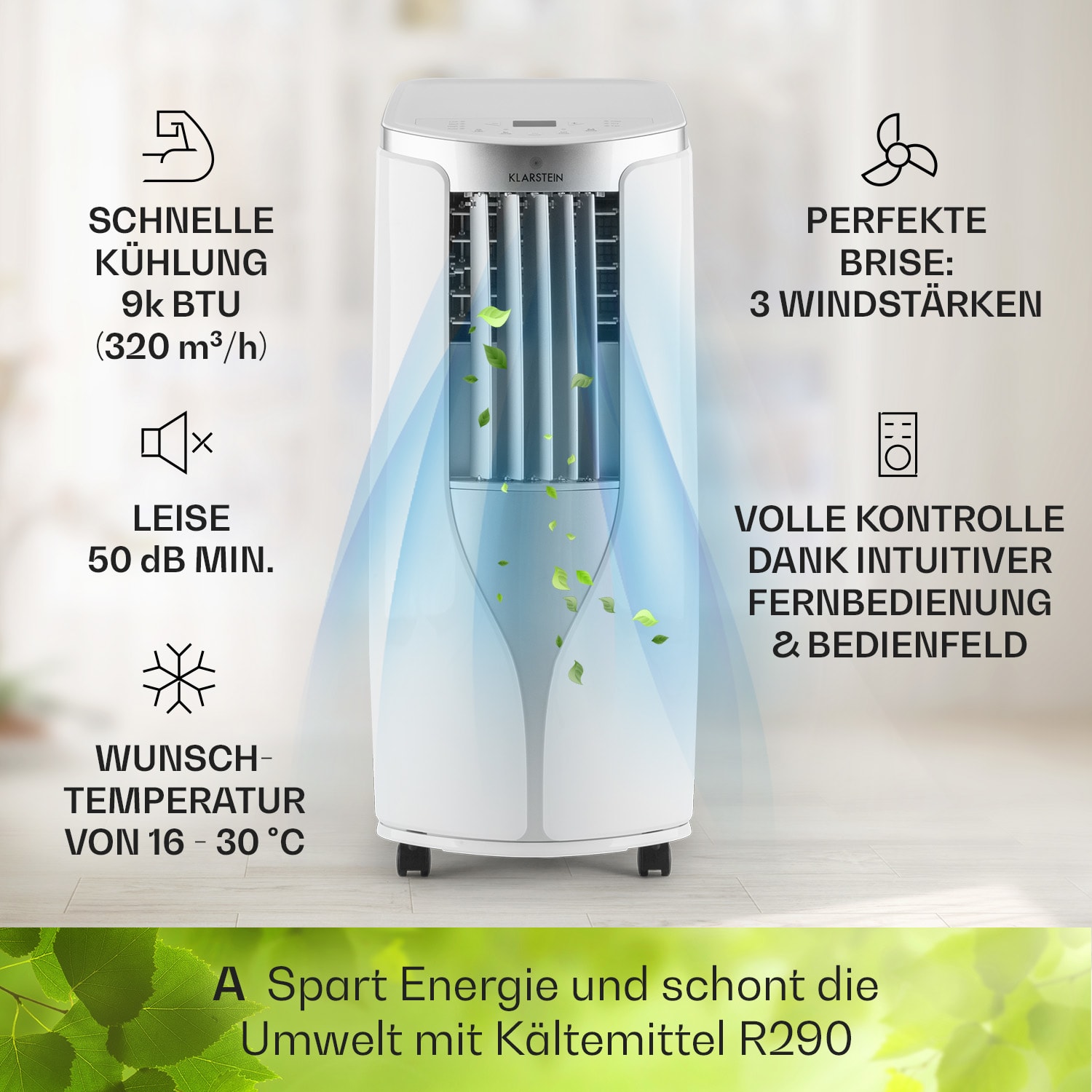 New Breeze 9 mobile Klimaanlage 4-in-1 9.000 BTU / 2,6 kW mobil Timer 9.000 BTU | Weiß / Silber-Metallic