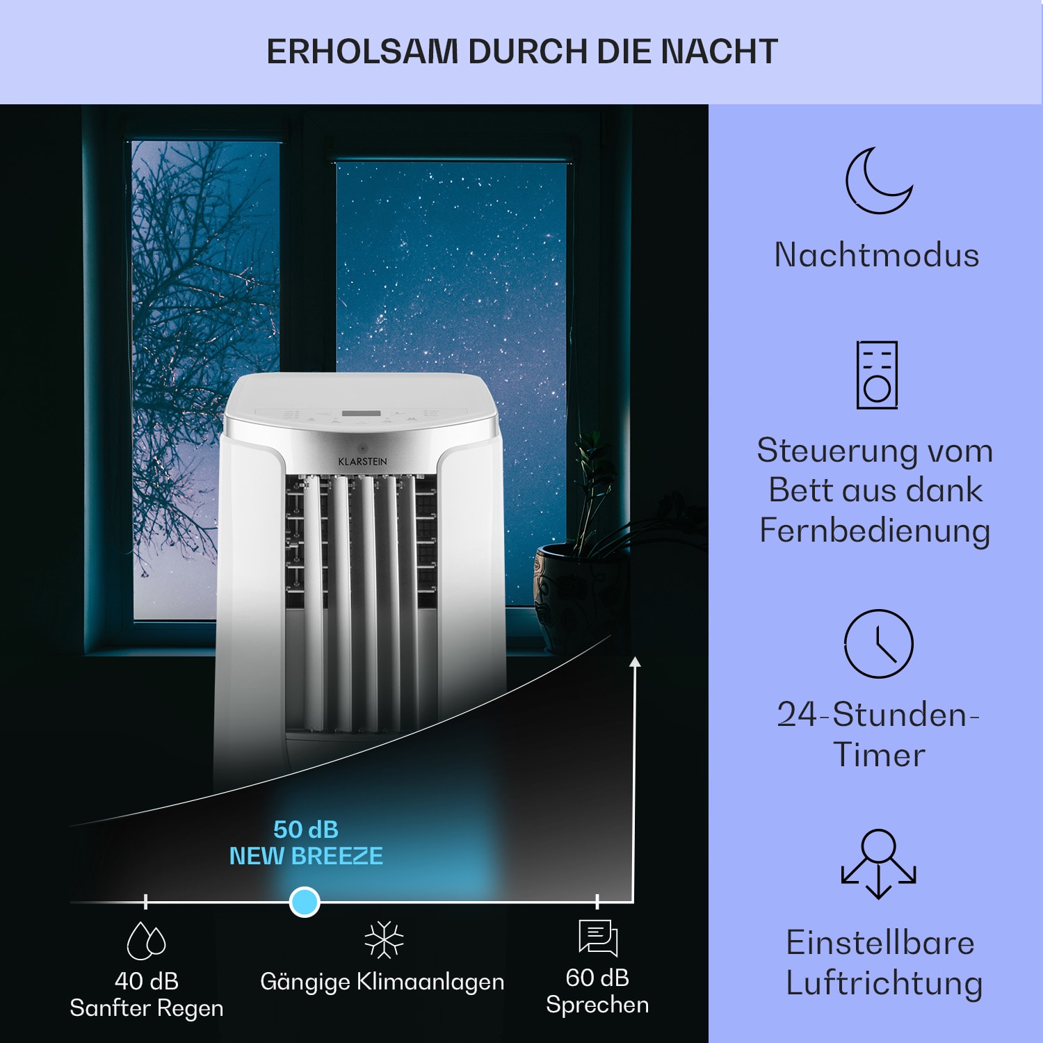 New Breeze 9 mobile Klimaanlage 4-in-1 9.000 BTU / 2,6 kW mobil Timer 9.000 BTU | Weiß / Silber-Metallic