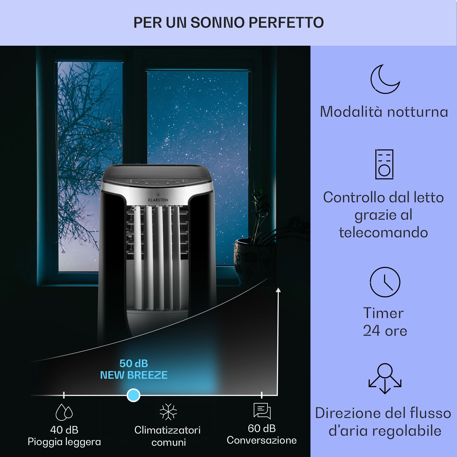 New Breeze 9 climatizzatore portatile 4 in 1, 9.000 BTU / 2,6 kW, CEE A, ruote, funzione timer 9.000 BTU | Nero / Argento metallizzato