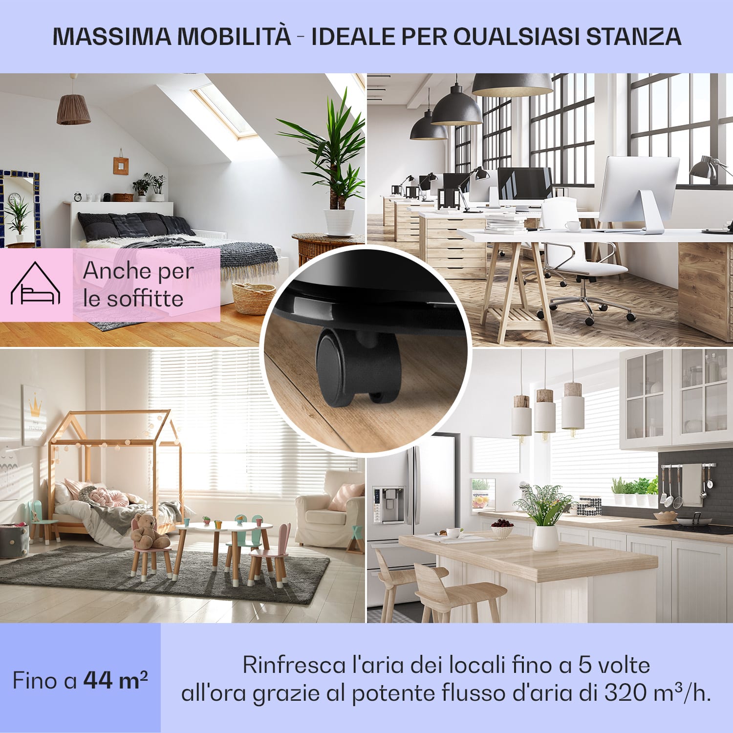 New Breeze 9 climatizzatore portatile 4 in 1, 9.000 BTU / 2,6 kW, CEE A, ruote, funzione timer 9.000 BTU | Nero / Argento metallizzato