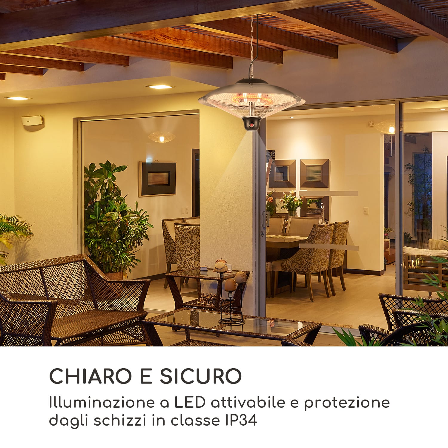 Heizsporn - Stufa radiante a soffitto, 60,5 cm (Ø), lampada LED, telecomando 