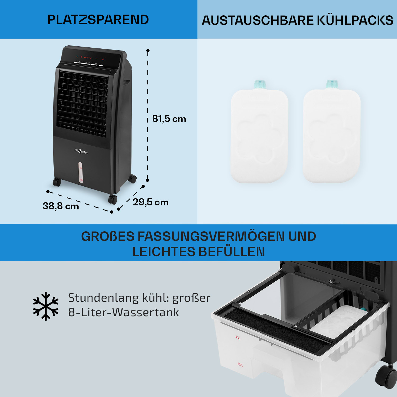 CTR-1 4-in-1 Luftkühler 360 m³/h 65 Watt 8 Liter Fernbedienung mobil Schwarz