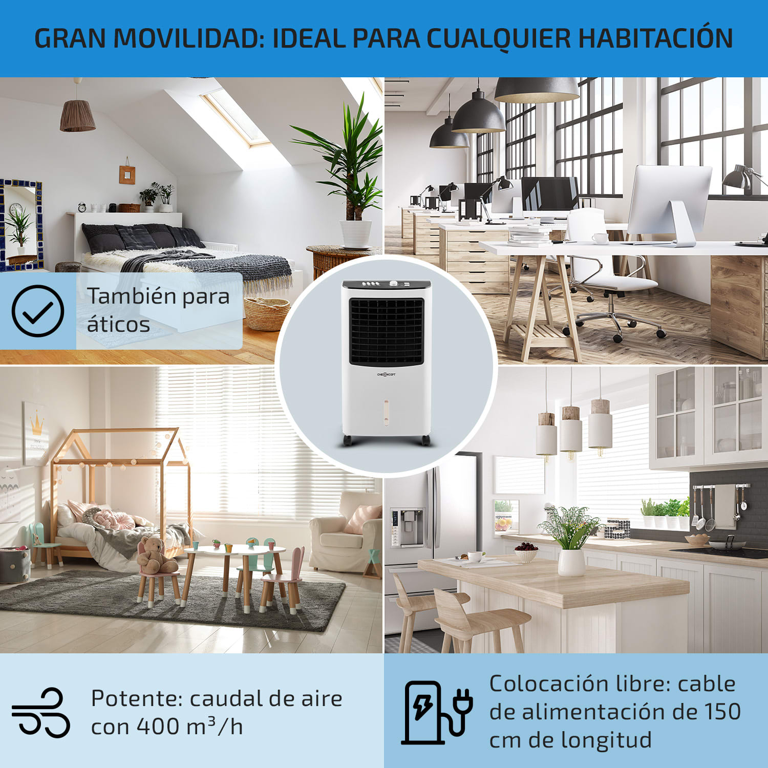 MCH21 V2 Climatizador evaporativo Ventilador Humidificador 3-en-1 móvil 65 W Blanko 
