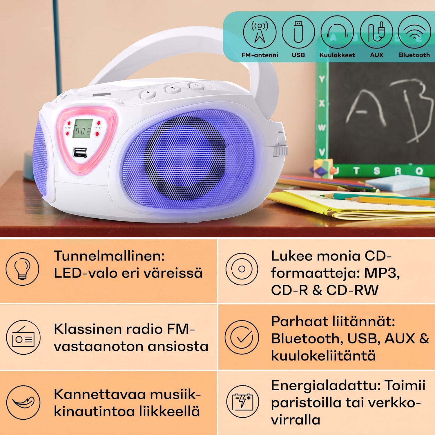 Roadie CD Boombox UKW-radio Valoshow CD-soitin Bluetooth 5.0 Valkoinen