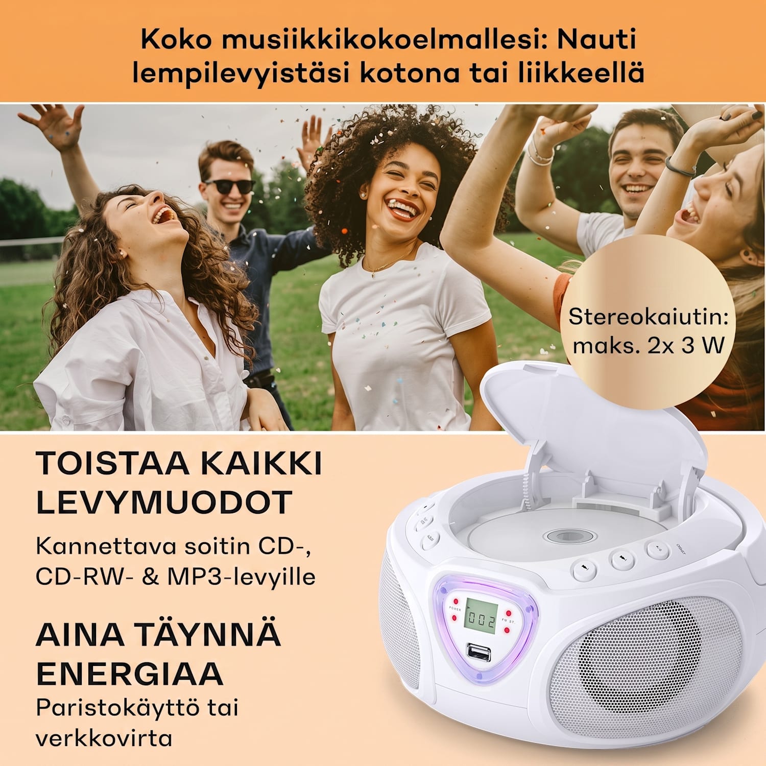 Roadie CD Boombox UKW-radio Valoshow CD-soitin Bluetooth 5.0 Valkoinen