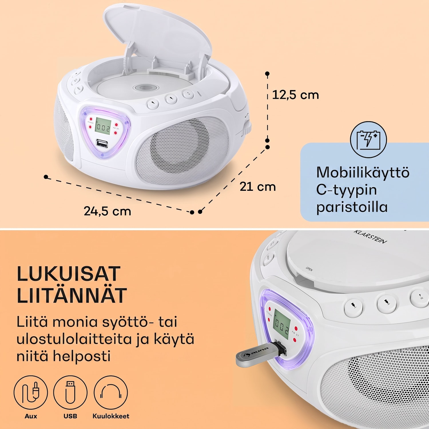 Roadie CD Boombox UKW-radio Valoshow CD-soitin Bluetooth 5.0 Valkoinen
