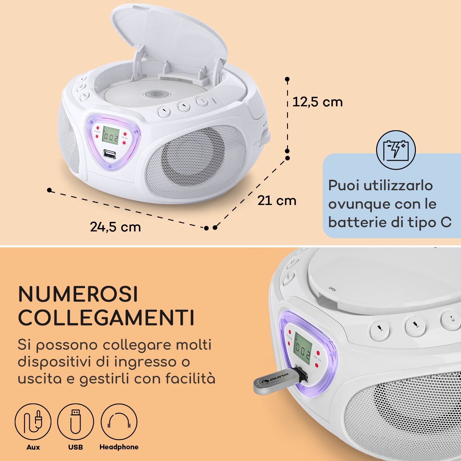 Roadie CD Boombox, radio FM, giochi di luci, lettore CD, Bluetooth 5.0 