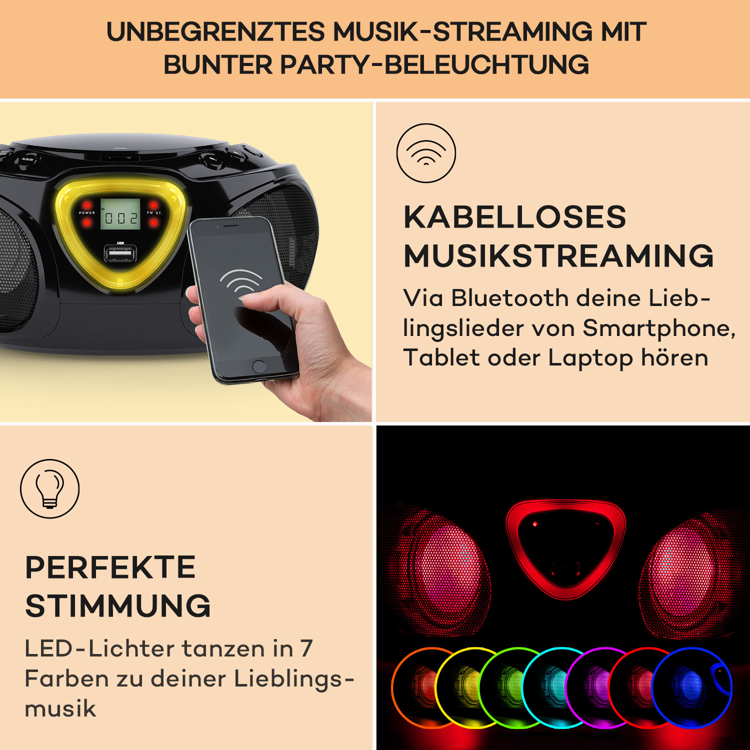 Roadie CD Boombox UKW-Radio Lichtshow CD-Player Bluetooth 5.0 Schwarz