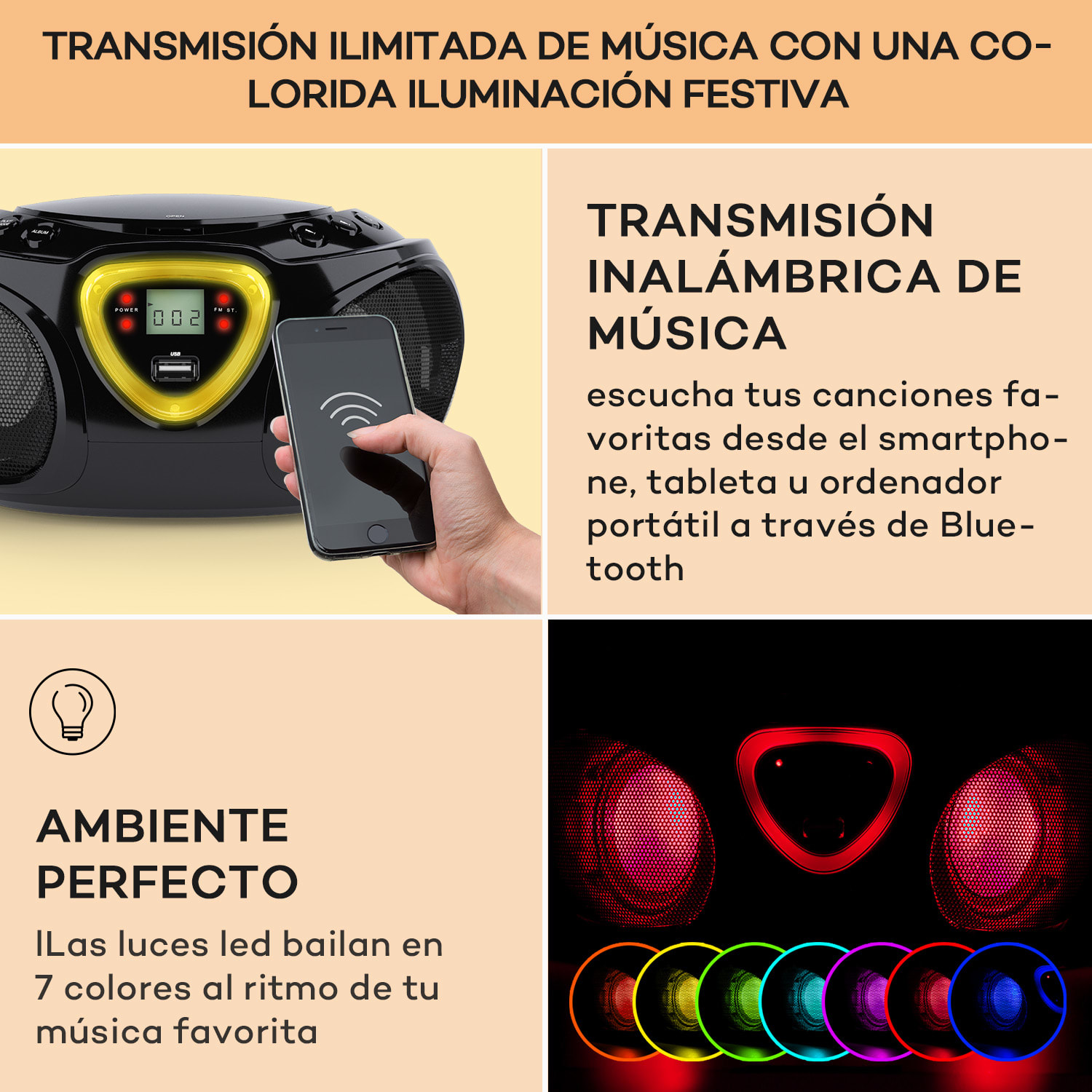 Roadie CD Boombox radio VHF espectáculo de luces reproductor de CD Bluetooth 5.0 Negro