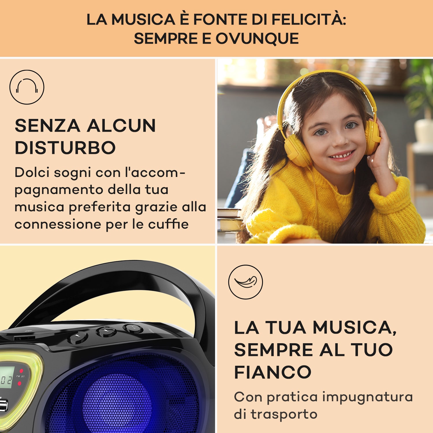 Roadie CD Boombox, radio FM, giochi di luci, lettore CD, Bluetooth 5.0 Nero