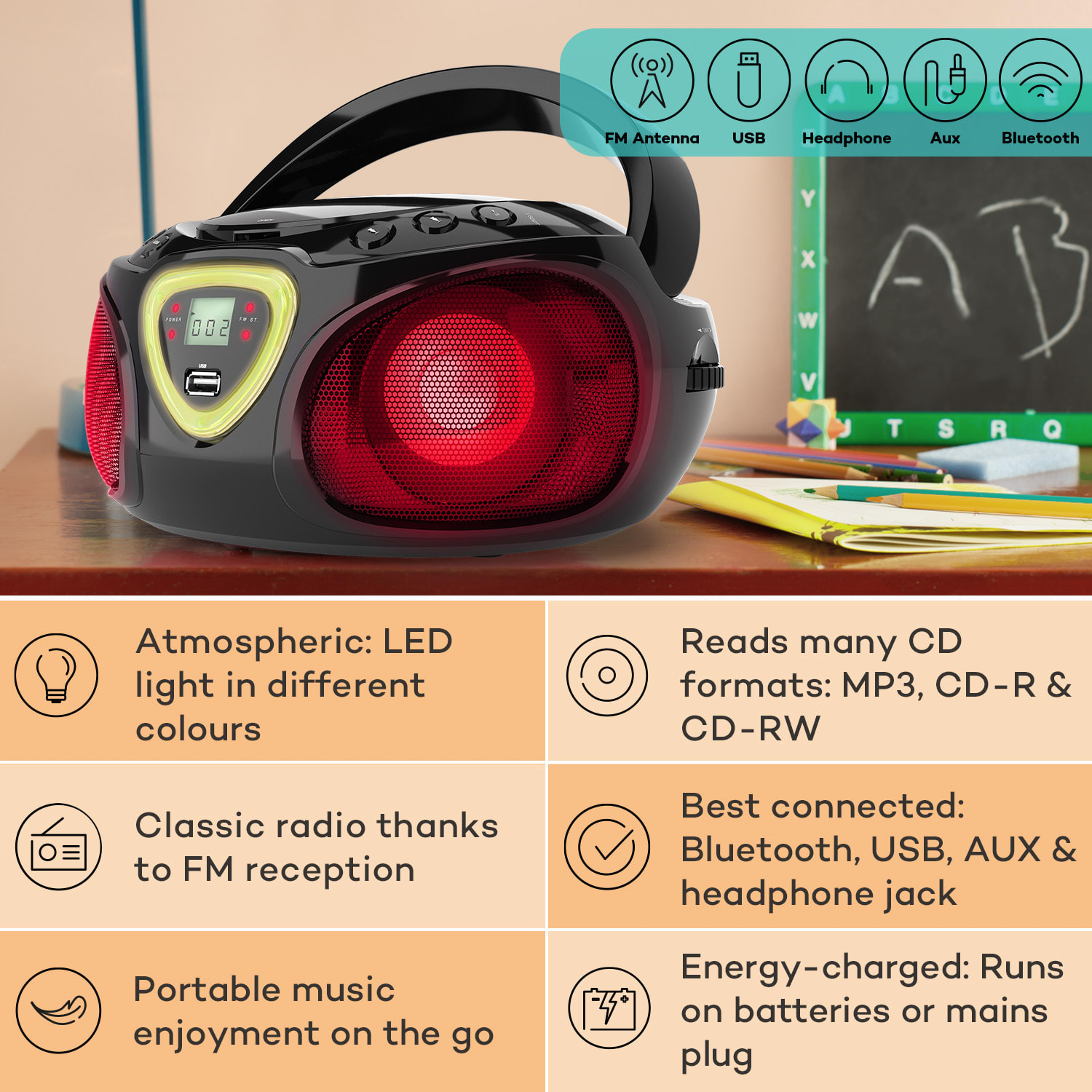 Roadie, radioodtwarzacz CD, boombox, UKF-FM, show świetlny, CD, Bluetooth 5.0 Czarny