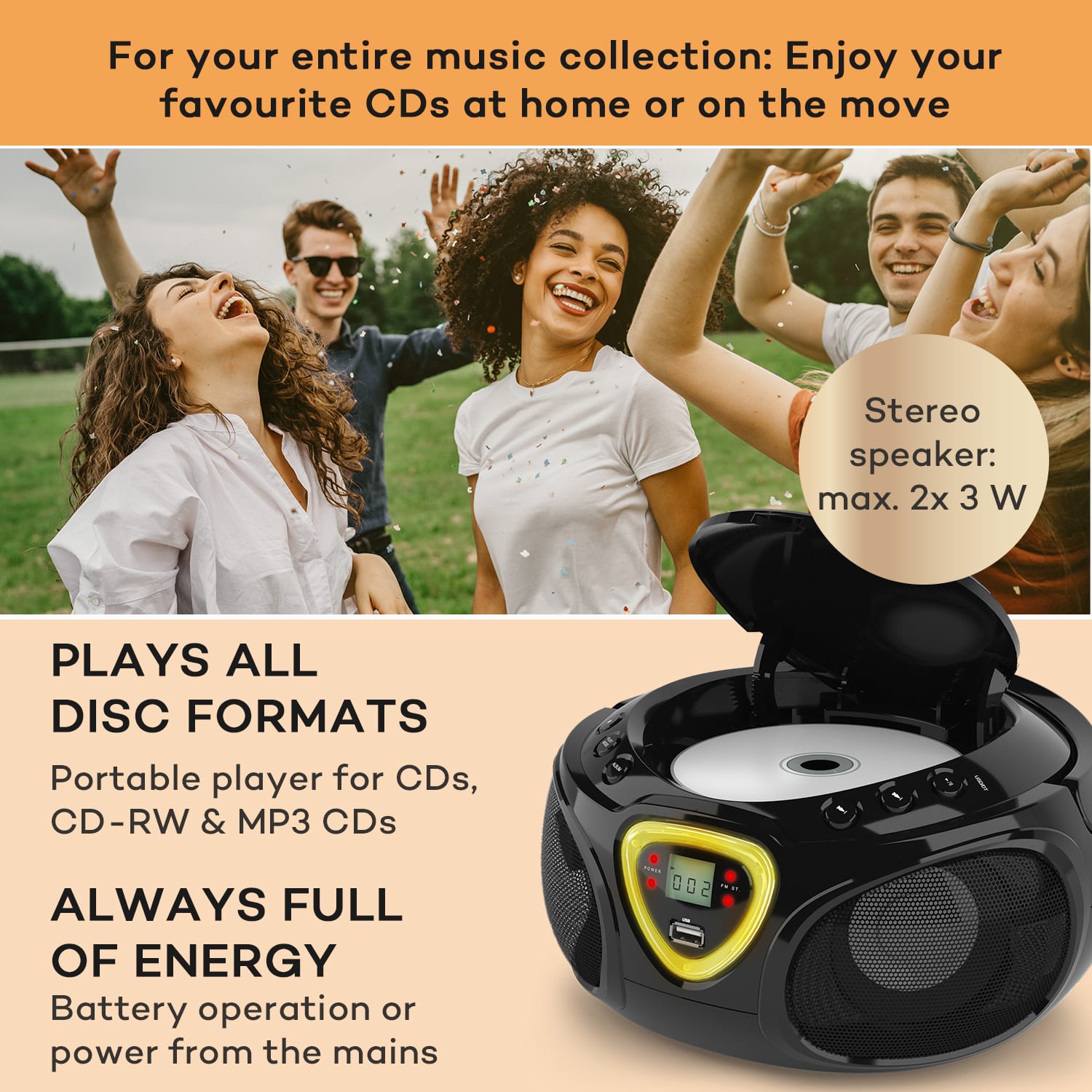 Roadie, radioodtwarzacz CD, boombox, UKF-FM, show świetlny, CD, Bluetooth 5.0 Czarny