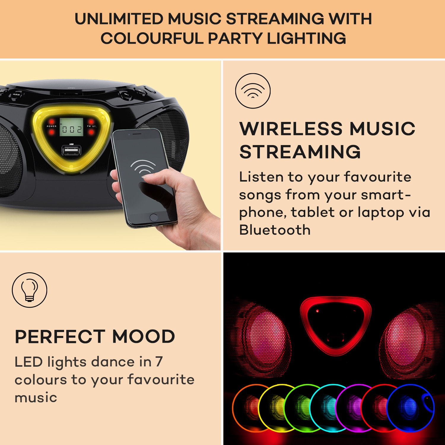 Roadie, radioodtwarzacz CD, boombox, UKF-FM, show świetlny, CD, Bluetooth 5.0 Czarny