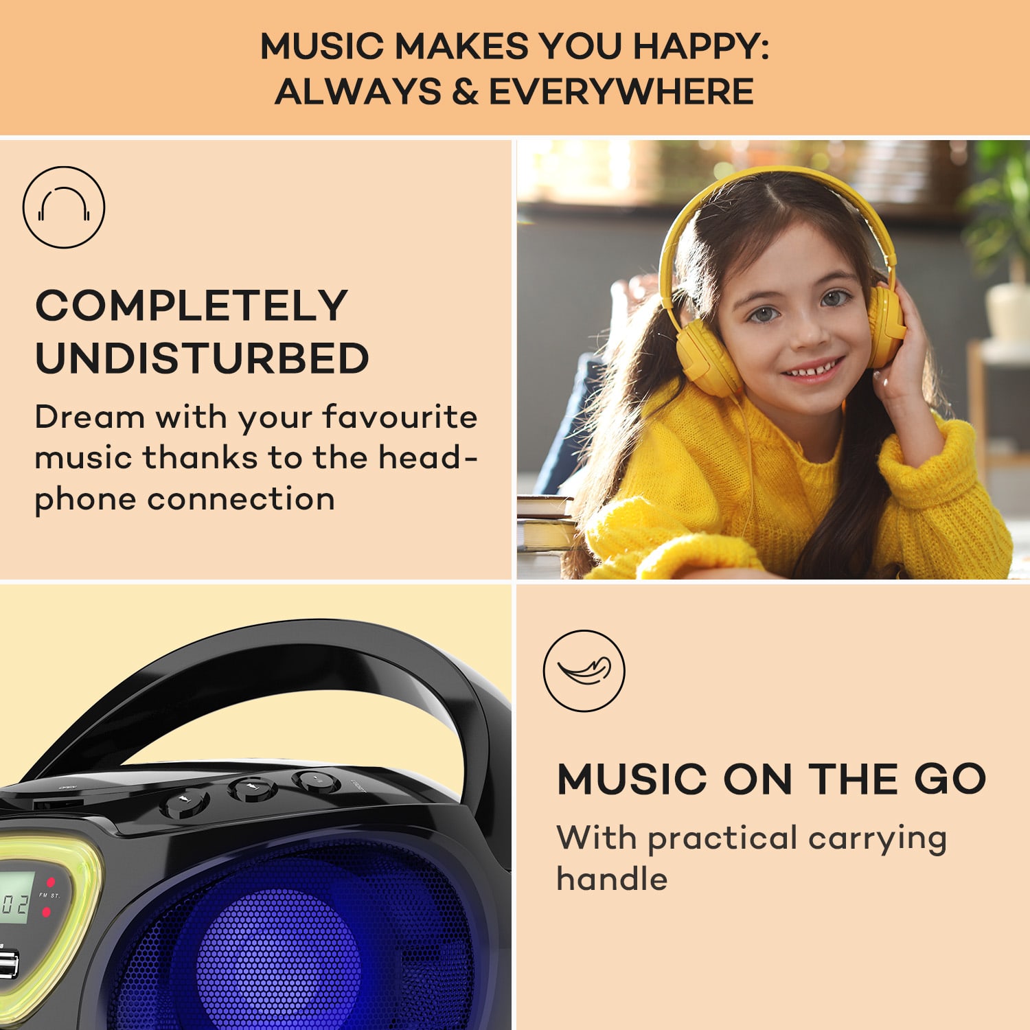Roadie, radioodtwarzacz CD, boombox, UKF-FM, show świetlny, CD, Bluetooth 5.0 Czarny