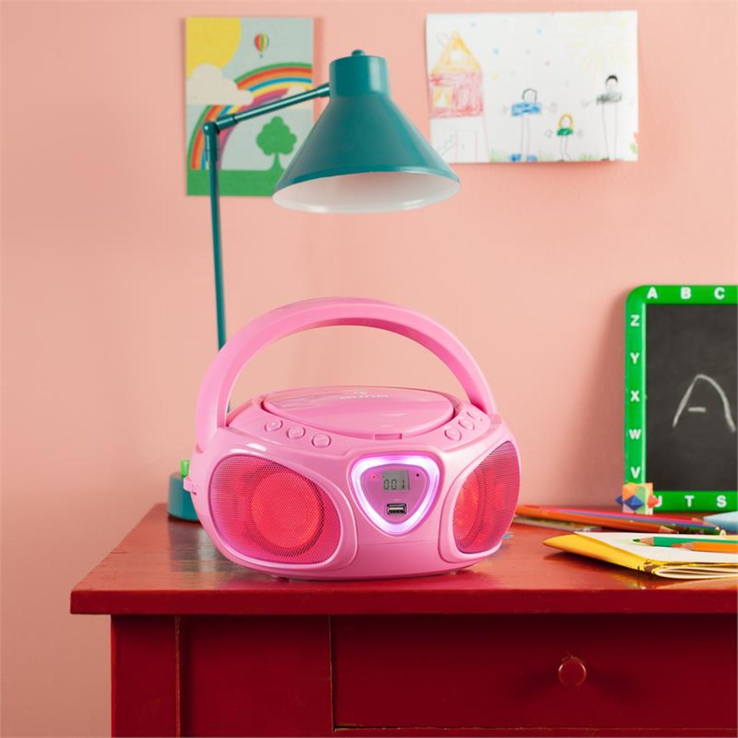 Roadie CD Boombox UKW радио, Светлинно шоу, CD плейър, Bluetooth 5.0 Розов