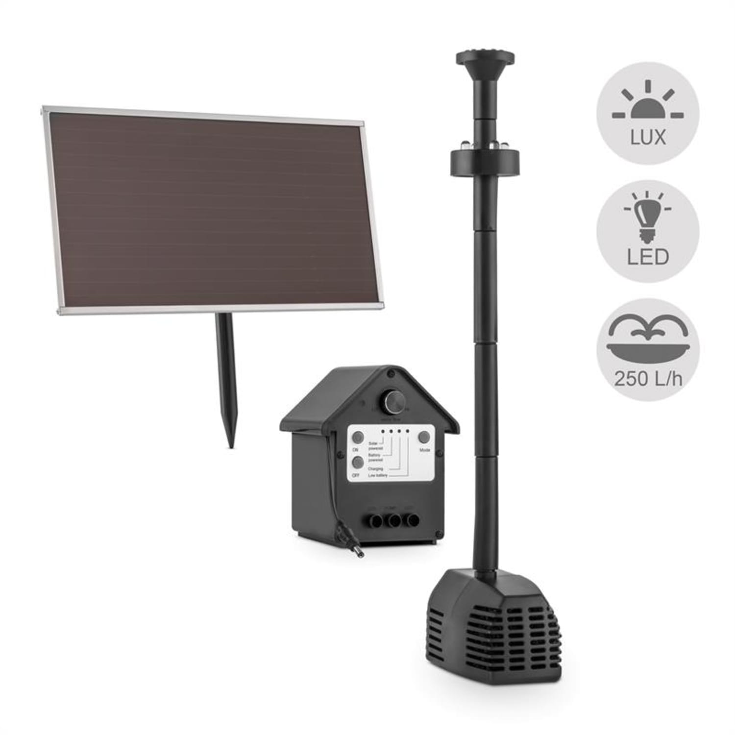 WASSERWERK 250, pumpa za vodu, solarna, fontana, 250L / H, LED BATERIJA 250 Ltr/h