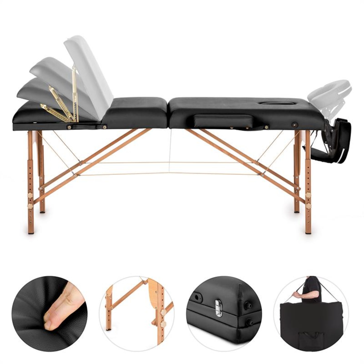 MT 500, masszázságy, 210 cm, 200 kg, összecsukható, finom felület, táska, fekete Fekete