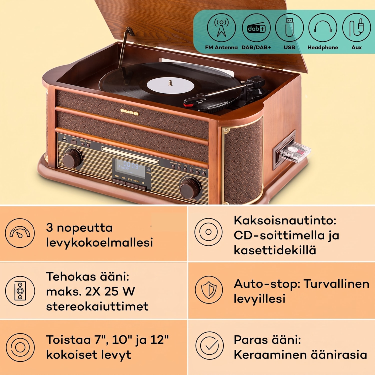 Belle Epoque 1908 DAB retro stereo järjestelmä levysoitin DAB+ CD-Player / DAB-Radio | Kirsikkapuu