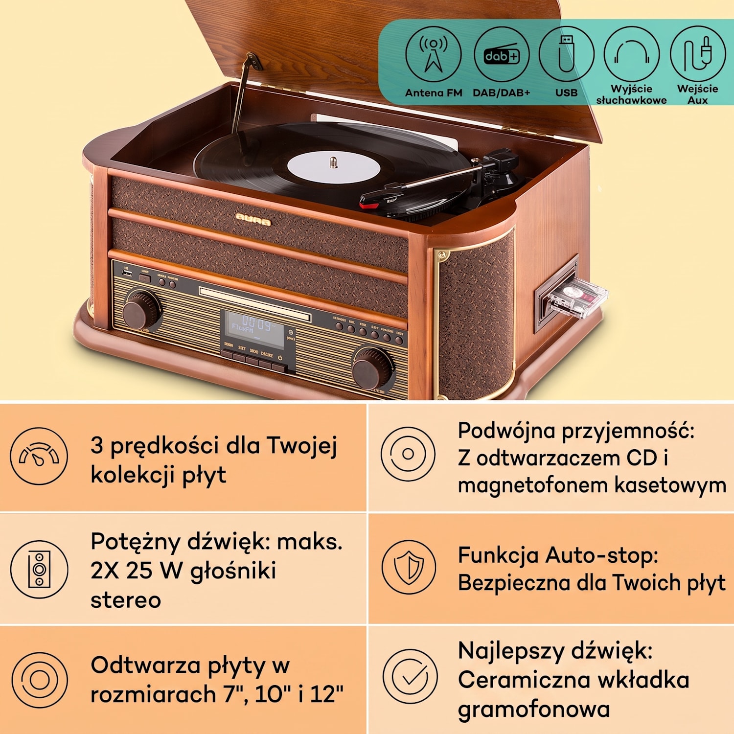 Belle Epoque 1908 DAB, retro wieża stereo, gramofon, DAB+ CD-Player / DAB-Radio | Drewno wiśniowe