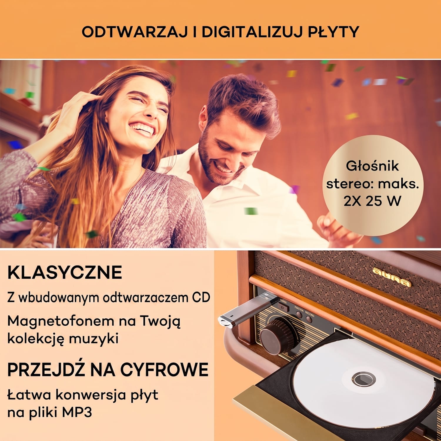 Belle Epoque 1908 DAB, retro wieża stereo, gramofon, DAB+ CD-Player / DAB-Radio | Drewno wiśniowe