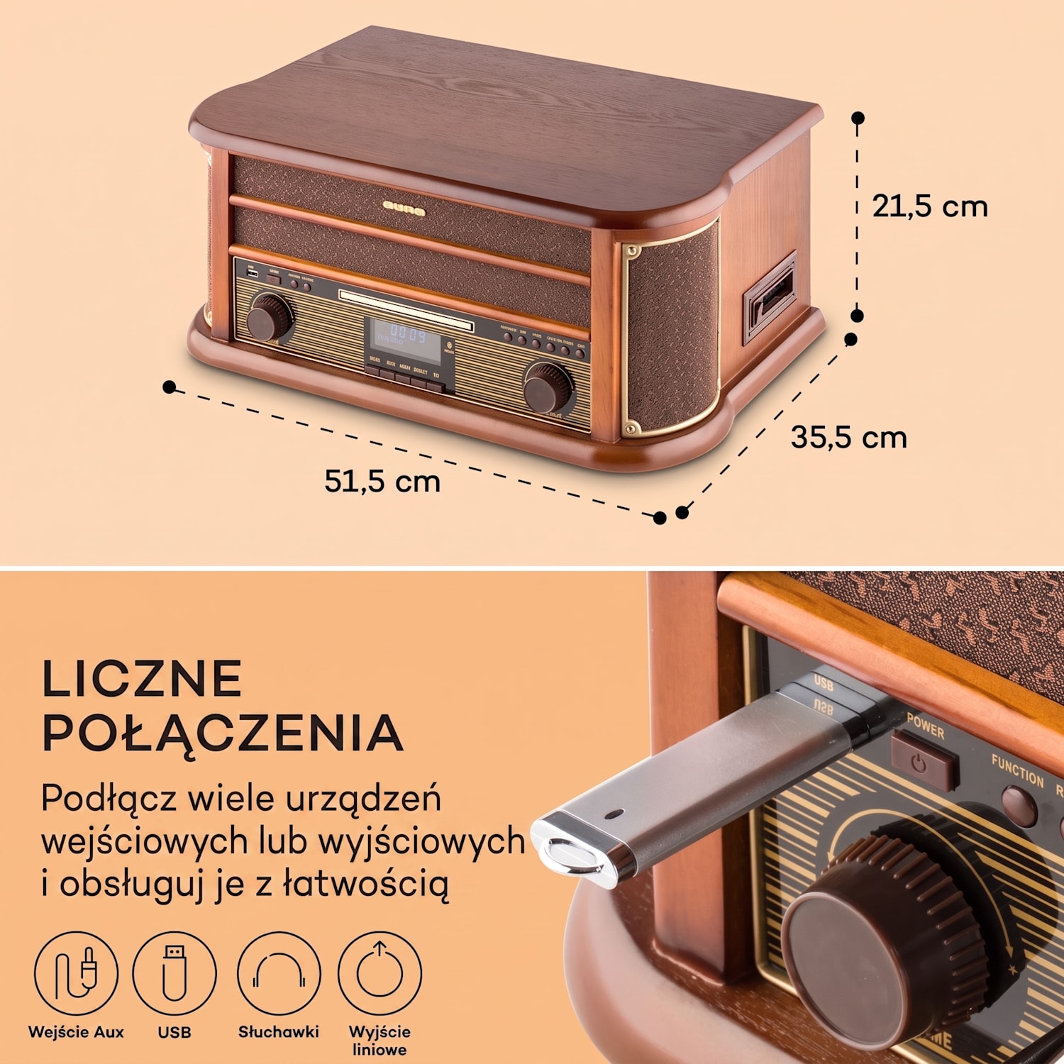 Belle Epoque 1908 DAB, retro wieża stereo, gramofon, DAB+ CD-Player / DAB-Radio | Drewno wiśniowe