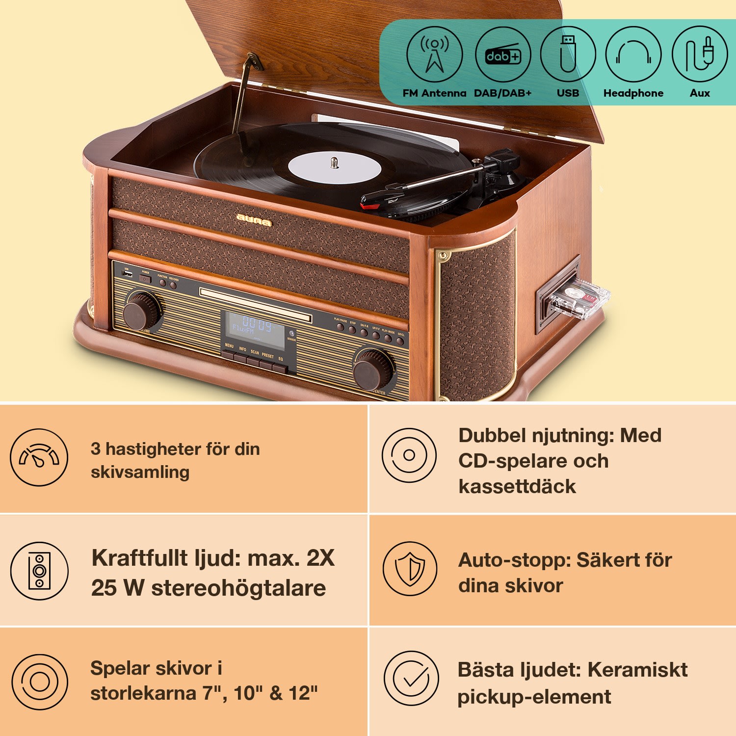 Belle Epoque 1908 DAB Retro stereoanläggning med skivspelare DAB+ CD-Player / DAB-Radio | Körsbärsträ