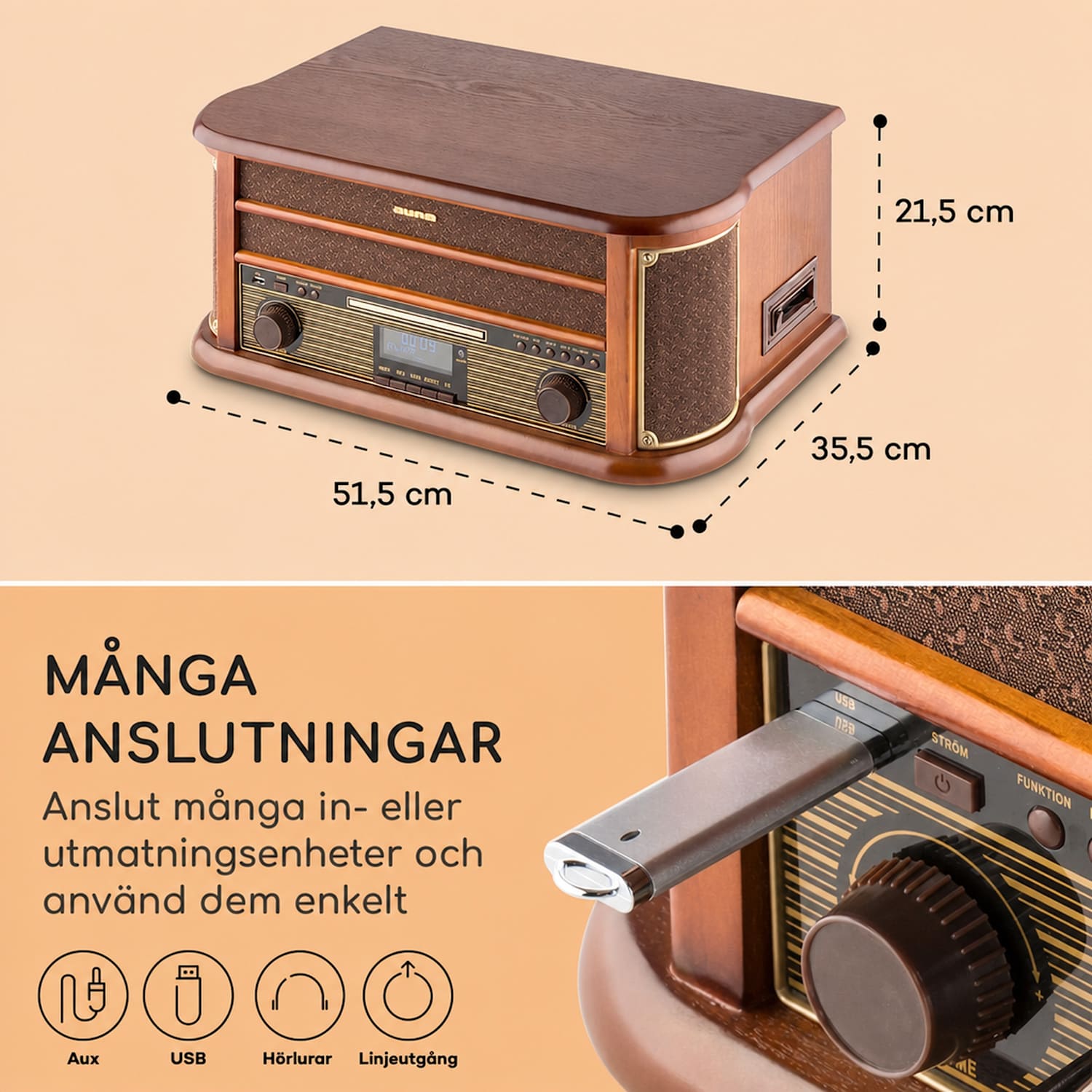 Belle Epoque 1908 DAB Retro stereoanläggning med skivspelare DAB+ CD-Player / DAB-Radio | Körsbärsträ