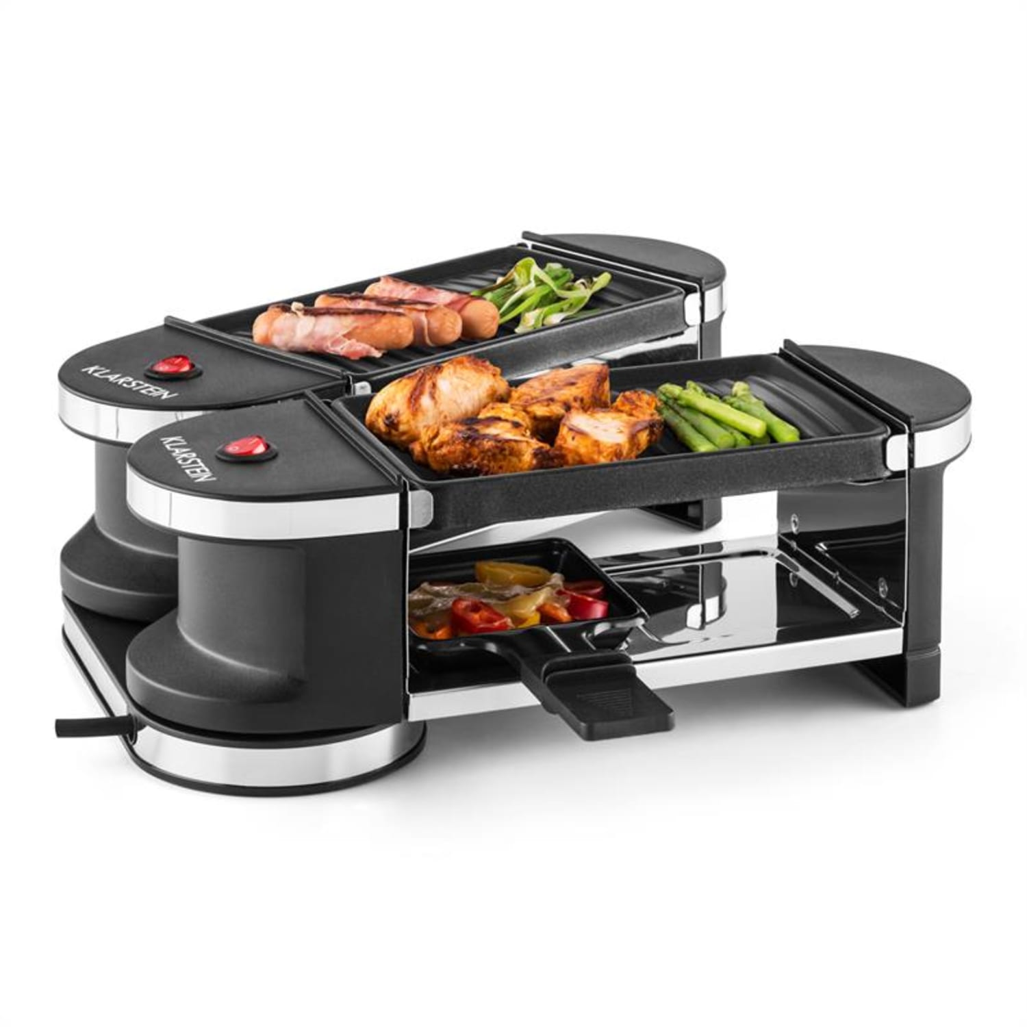 Klarstein Tenderloin, mini rakletovací gril, 600 W, 360 ° základna, 2 grilovací desky grilovací deska | 4 rakletovací pánvičky