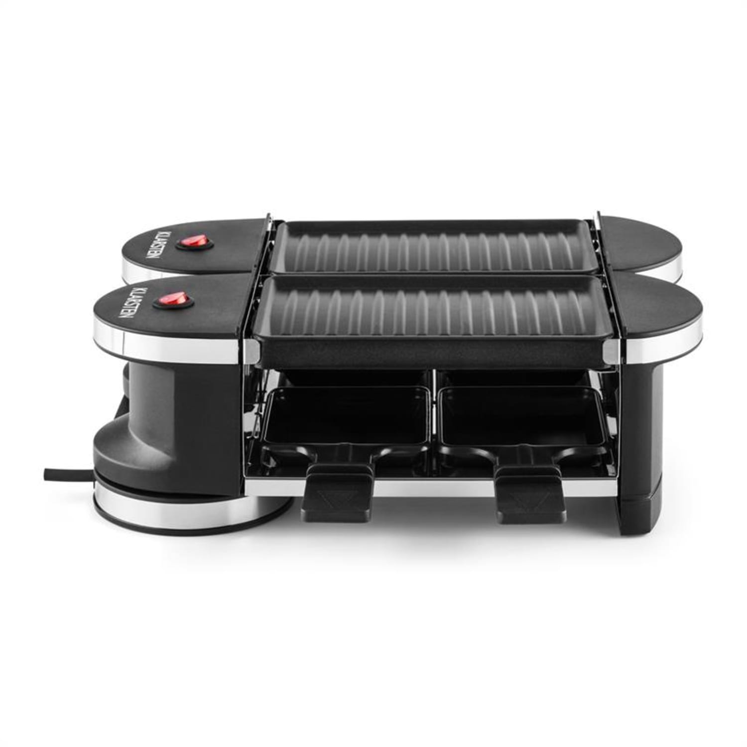 Klarstein Tenderloin, mini rakletovací gril, 600 W, 360 ° základna, 2 grilovací desky grilovací deska | 4 rakletovací pánvičky