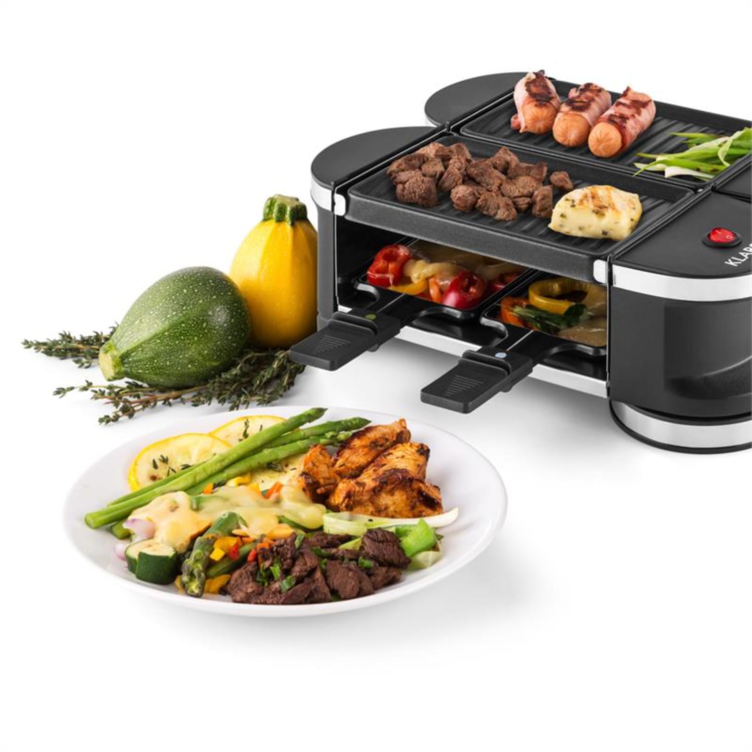 Klarstein Tenderloin, mini rakletovací gril, 600 W, 360 ° základna, 2 grilovací desky grilovací deska | 4 rakletovací pánvičky