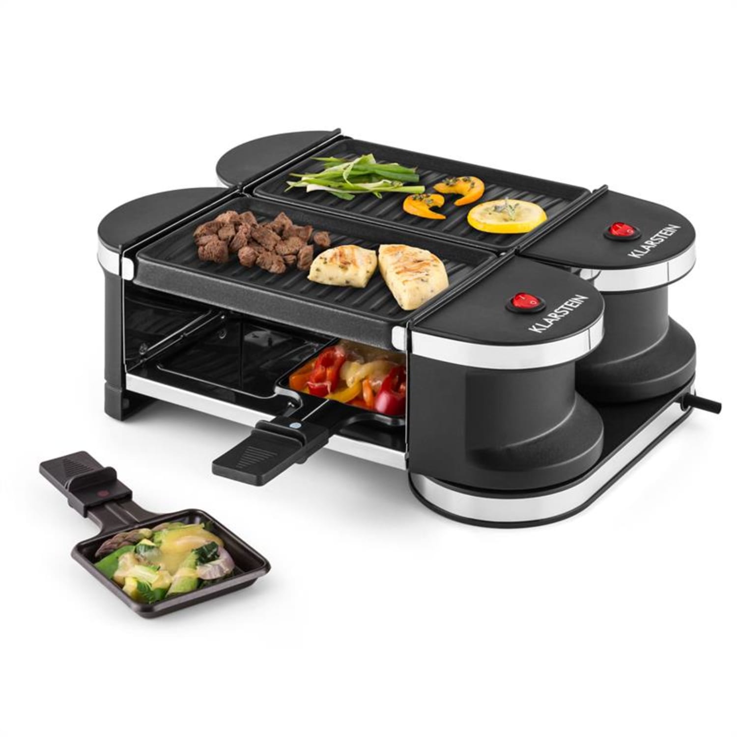 Klarstein Tenderloin, mini rakletovací gril, 600 W, 360 ° základna, 2 grilovací desky grilovací deska | 4 rakletovací pánvičky