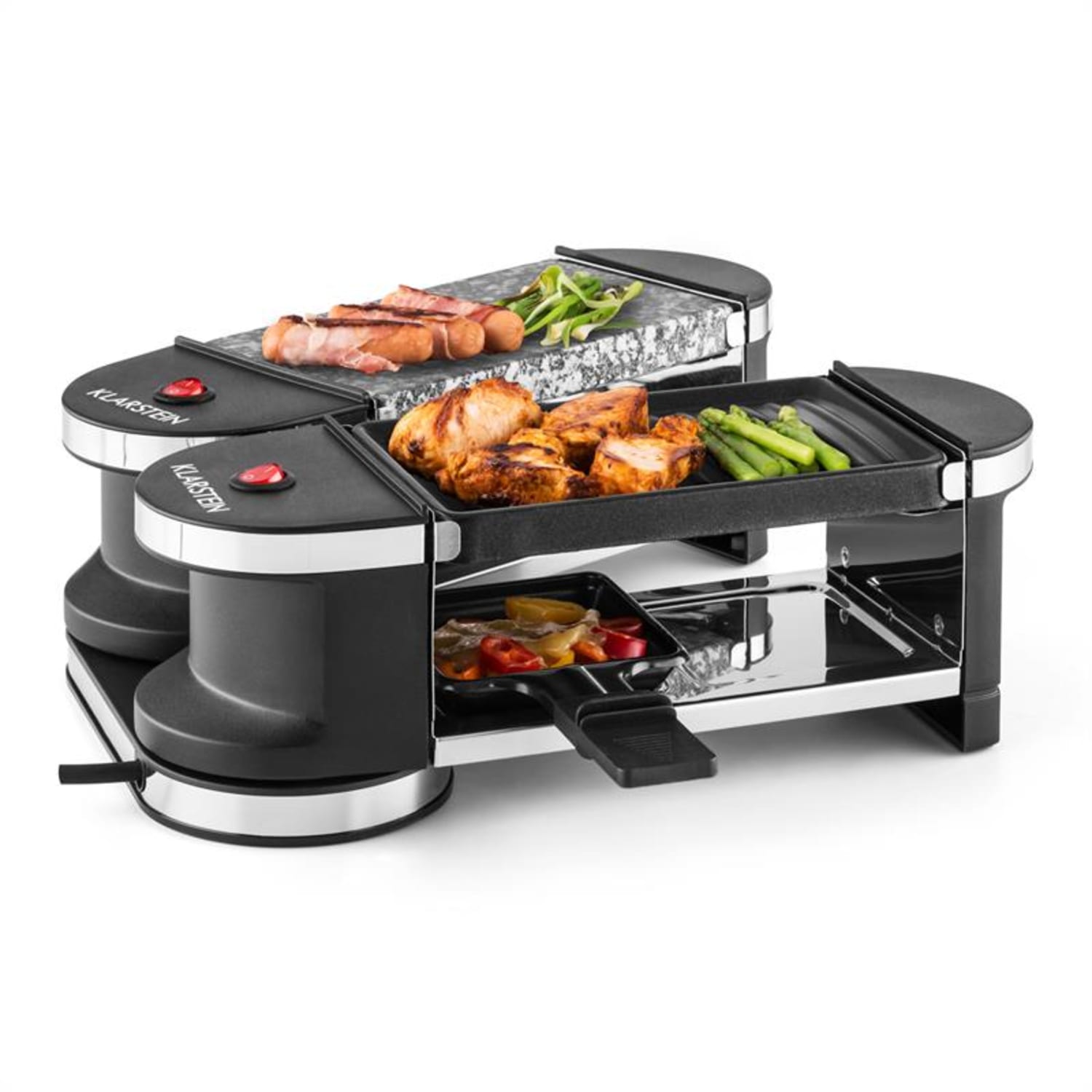Tenderloingrill mini-raclette 600 W 360°podstawa płyta grillowa gorący kamień Kamień naturalny / płyta grillowa | 4 patelenki raclette