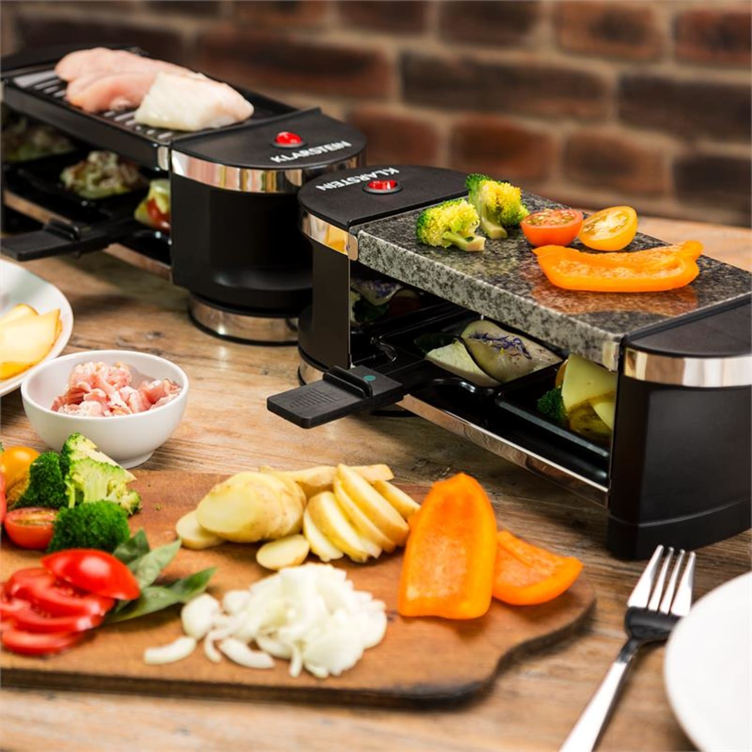 Tenderloingrill mini-raclette 600 W 360°podstawa płyta grillowa gorący kamień Kamień naturalny / płyta grillowa | 4 patelenki raclette