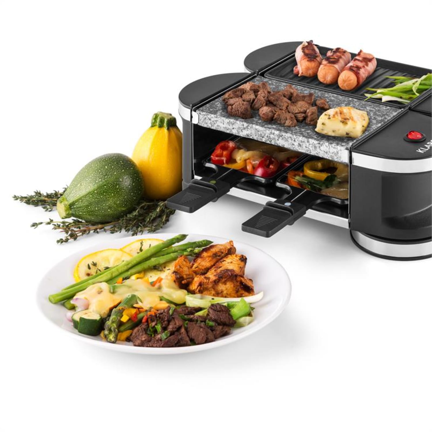Tenderloingrill mini-raclette 600 W 360°podstawa płyta grillowa gorący kamień Kamień naturalny / płyta grillowa | 4 patelenki raclette