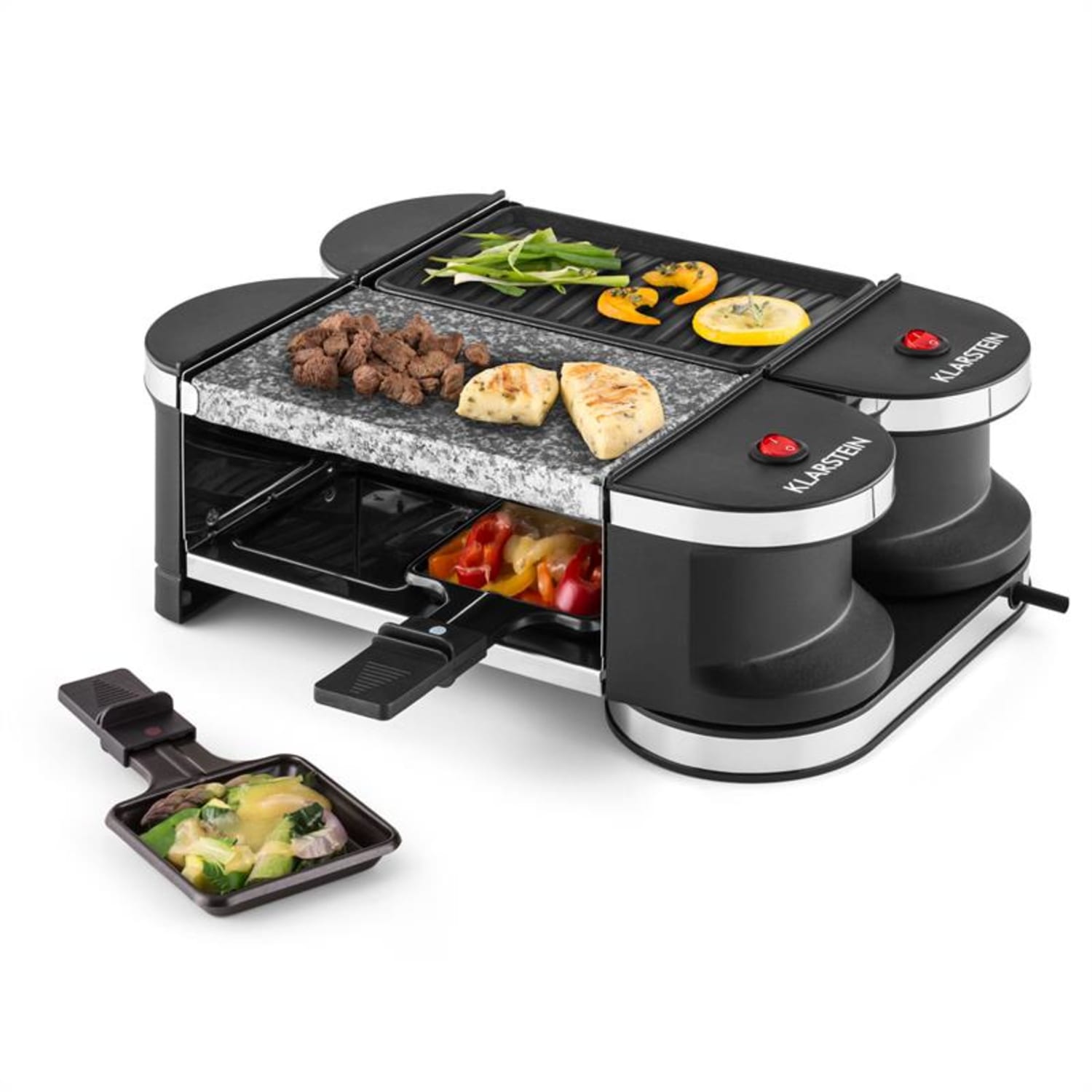 Tenderloingrill mini-raclette 600 W 360°podstawa płyta grillowa gorący kamień Kamień naturalny / płyta grillowa | 4 patelenki raclette