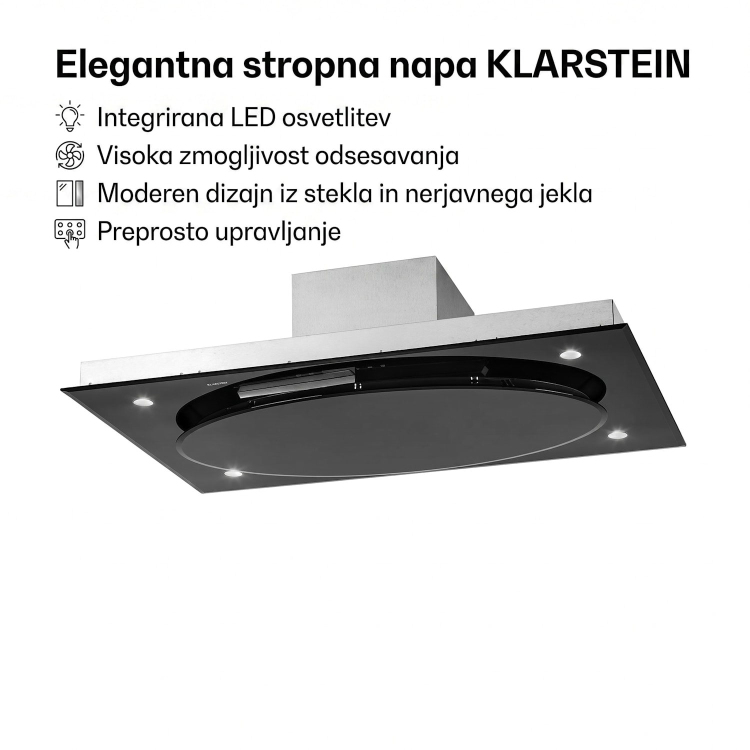 SECRET SERVICE, STROPNA KUHINJSKA NAPA, 220 W, NA DOTIK, STEKLO, LED Črna